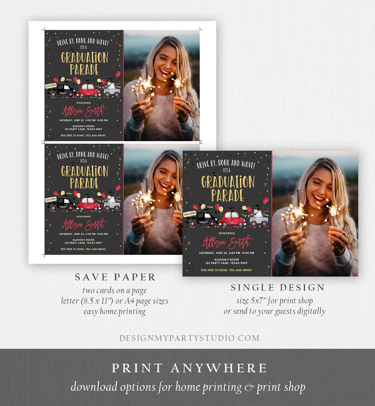 Editable Drive By Graduation Parade Invitation Virtual Party Red Girl Graduate High School Grad Class 2021 Quarantine Digital Corjl 0337