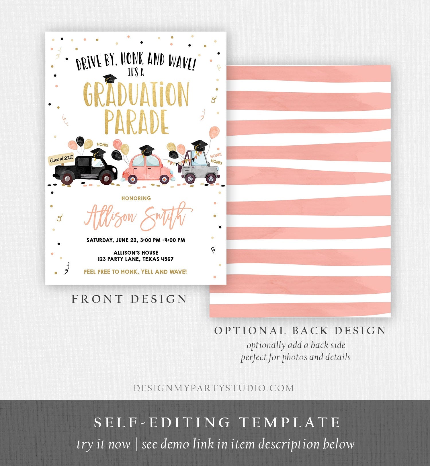 Editable Drive By Graduation Parade Invitation Drive Through Coral Girl Graduate High School Grad Class 2021 Quarantine Digital Corjl 0337