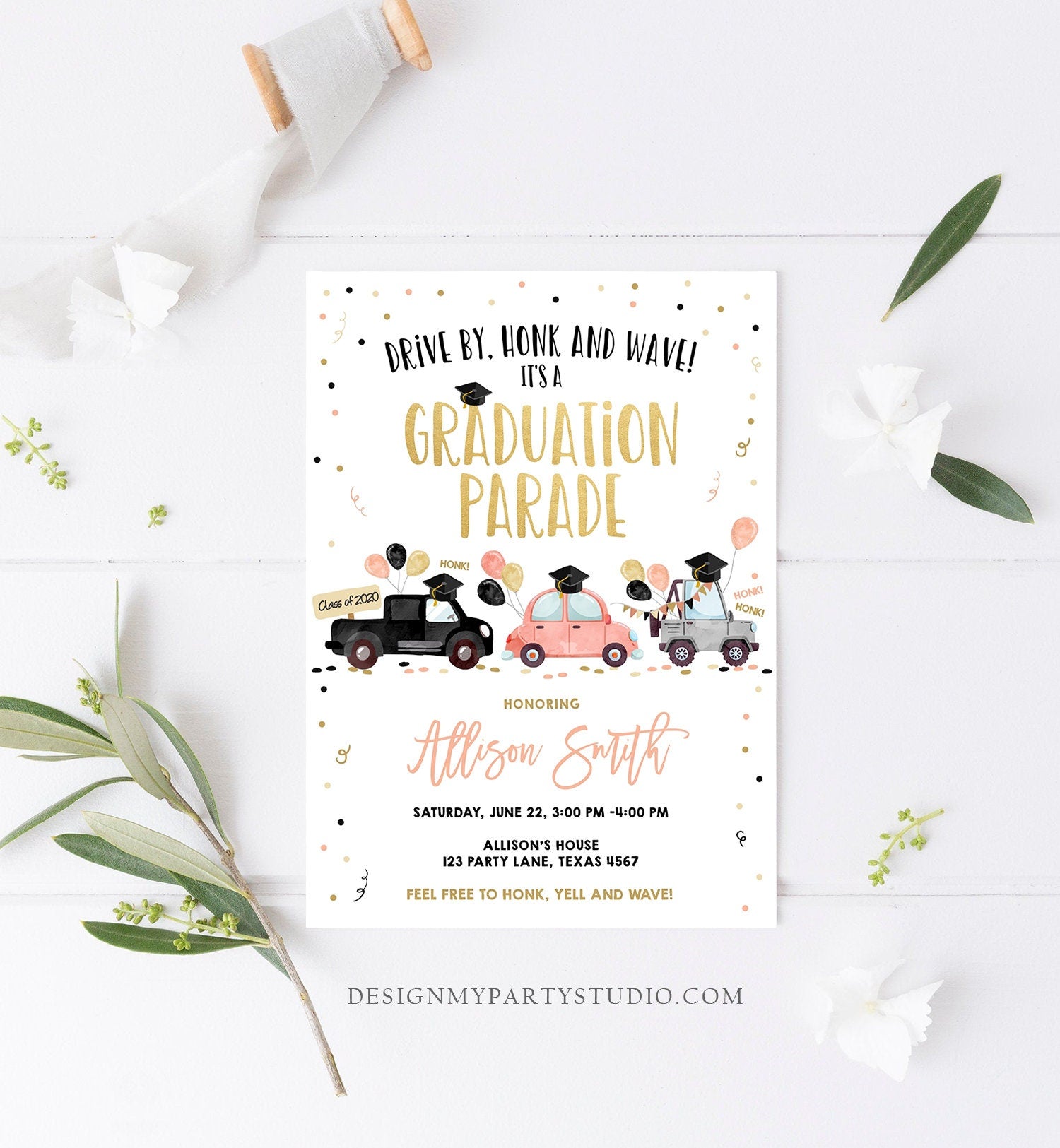 Editable Drive By Graduation Parade Invitation Drive Through Coral Girl Graduate High School Grad Class 2021 Quarantine Digital Corjl 0337