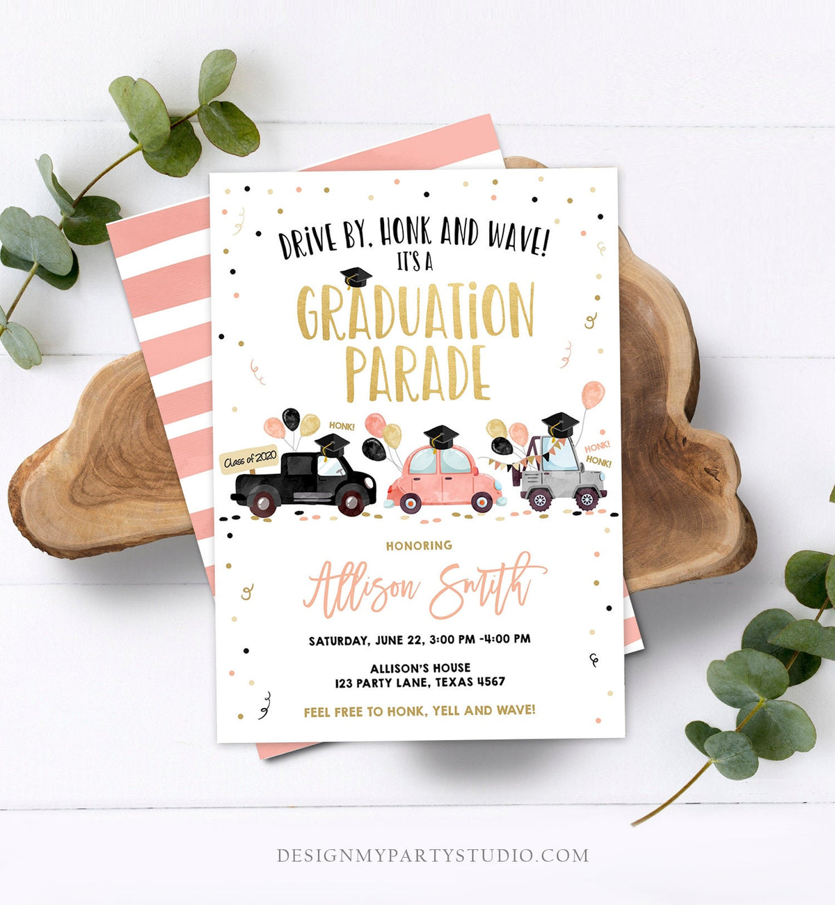 Editable Drive By Graduation Parade Invitation Drive Through Coral Girl Graduate High School Grad Class 2021 Quarantine Digital Corjl 0337