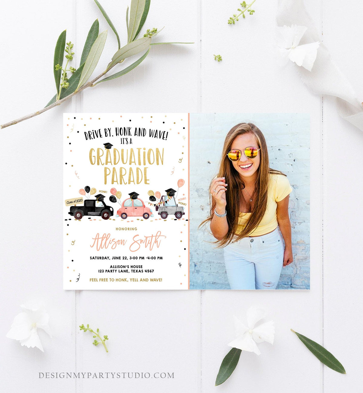 Editable Drive By Graduation Parade Invitation Drive Through Coral Girl Graduate High School Grad Class 2021 Quarantine Digital Corjl 0337