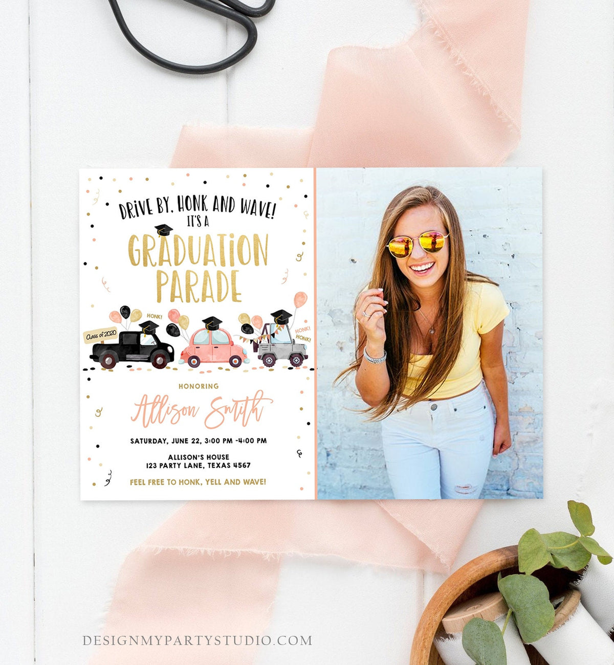 Editable Drive By Graduation Parade Invitation Drive Through Coral Girl Graduate High School Grad Class 2021 Quarantine Digital Corjl 0337