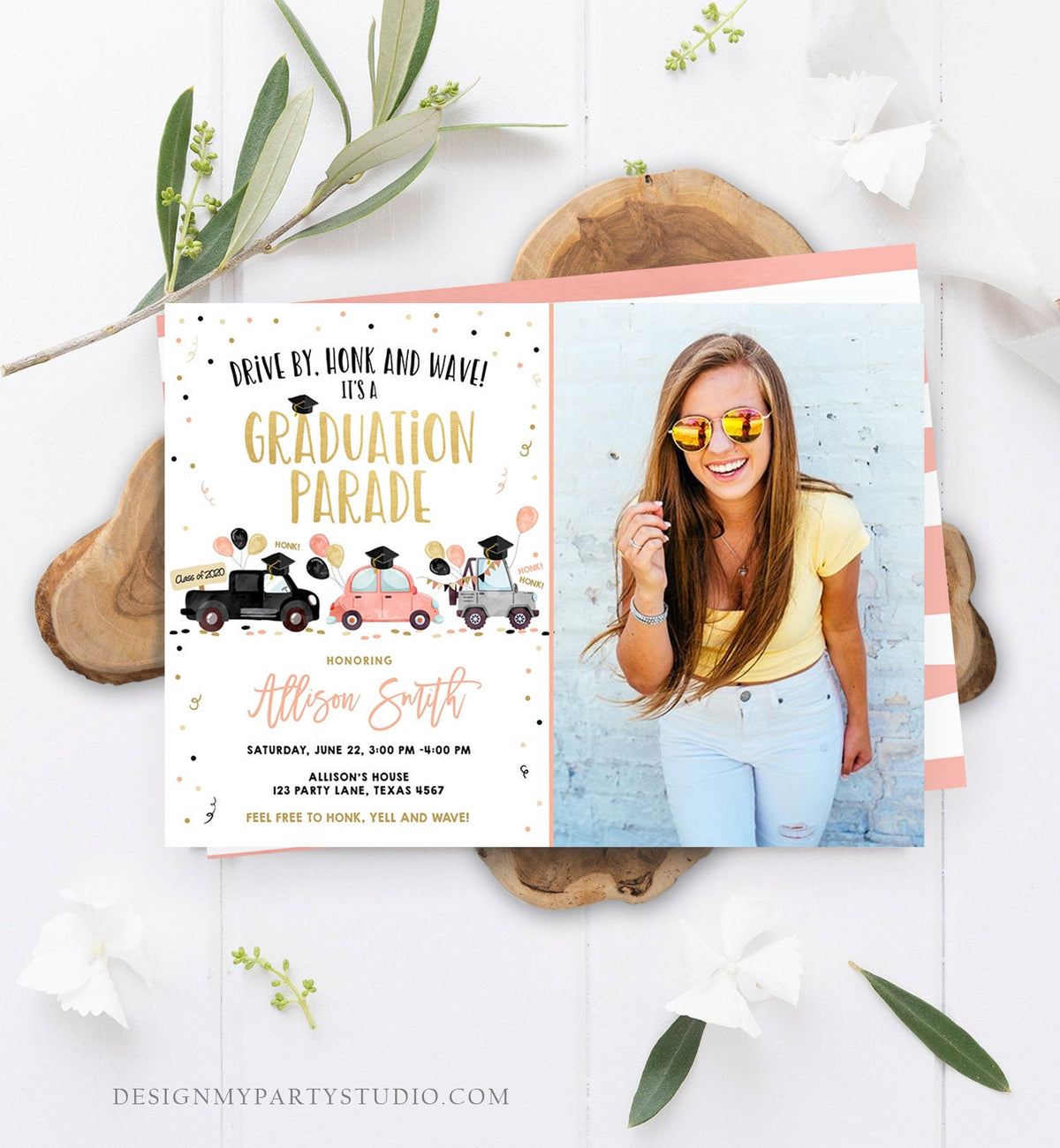 Editable Drive By Graduation Parade Invitation Drive Through Coral Girl Graduate High School Grad Class 2021 Quarantine Digital Corjl 0337