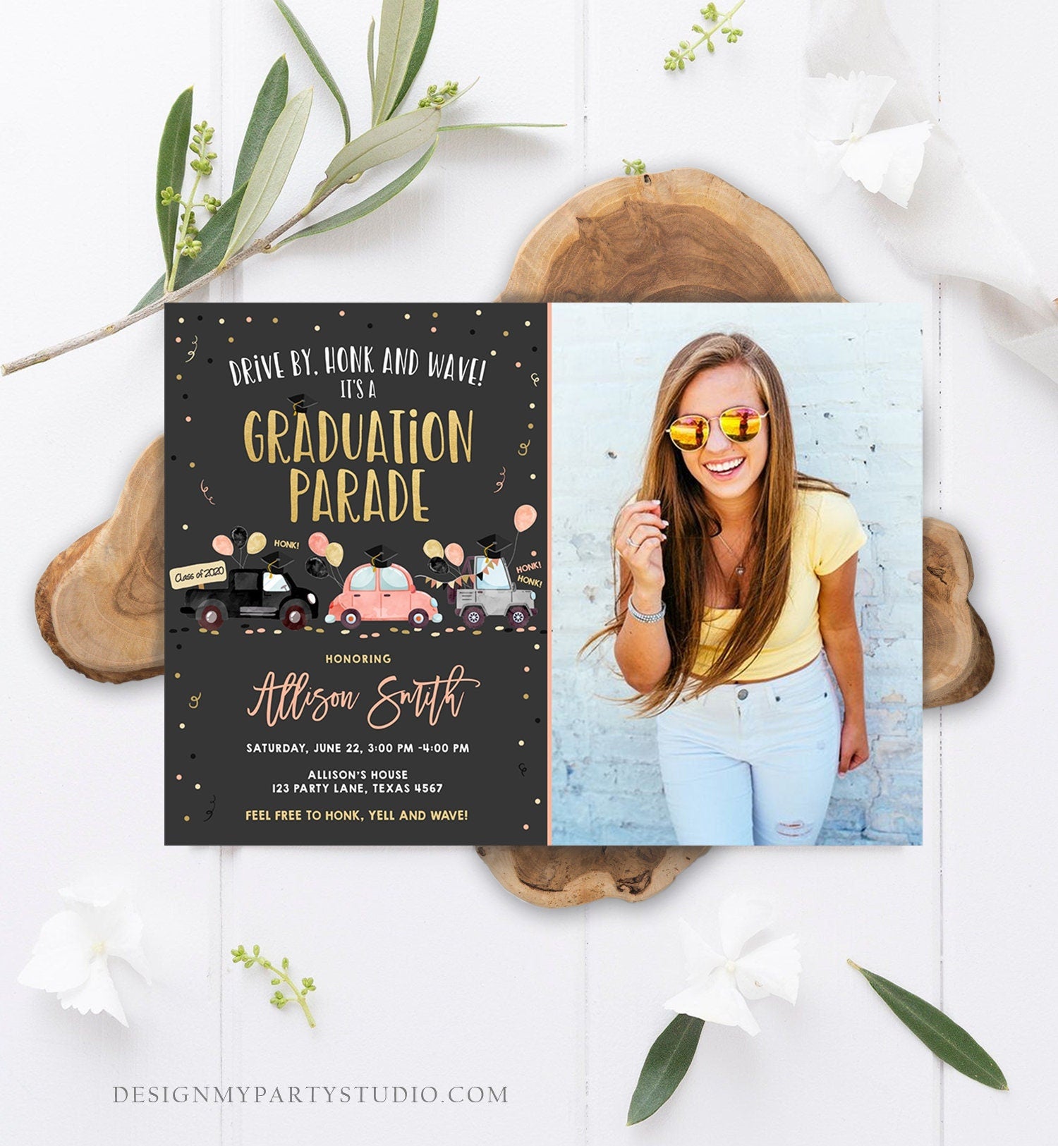 Editable Drive By Graduation Parade Invitation Drive Through Coral Girl Graduate High School Grad Class 2021 Quarantine Digital Corjl 0337