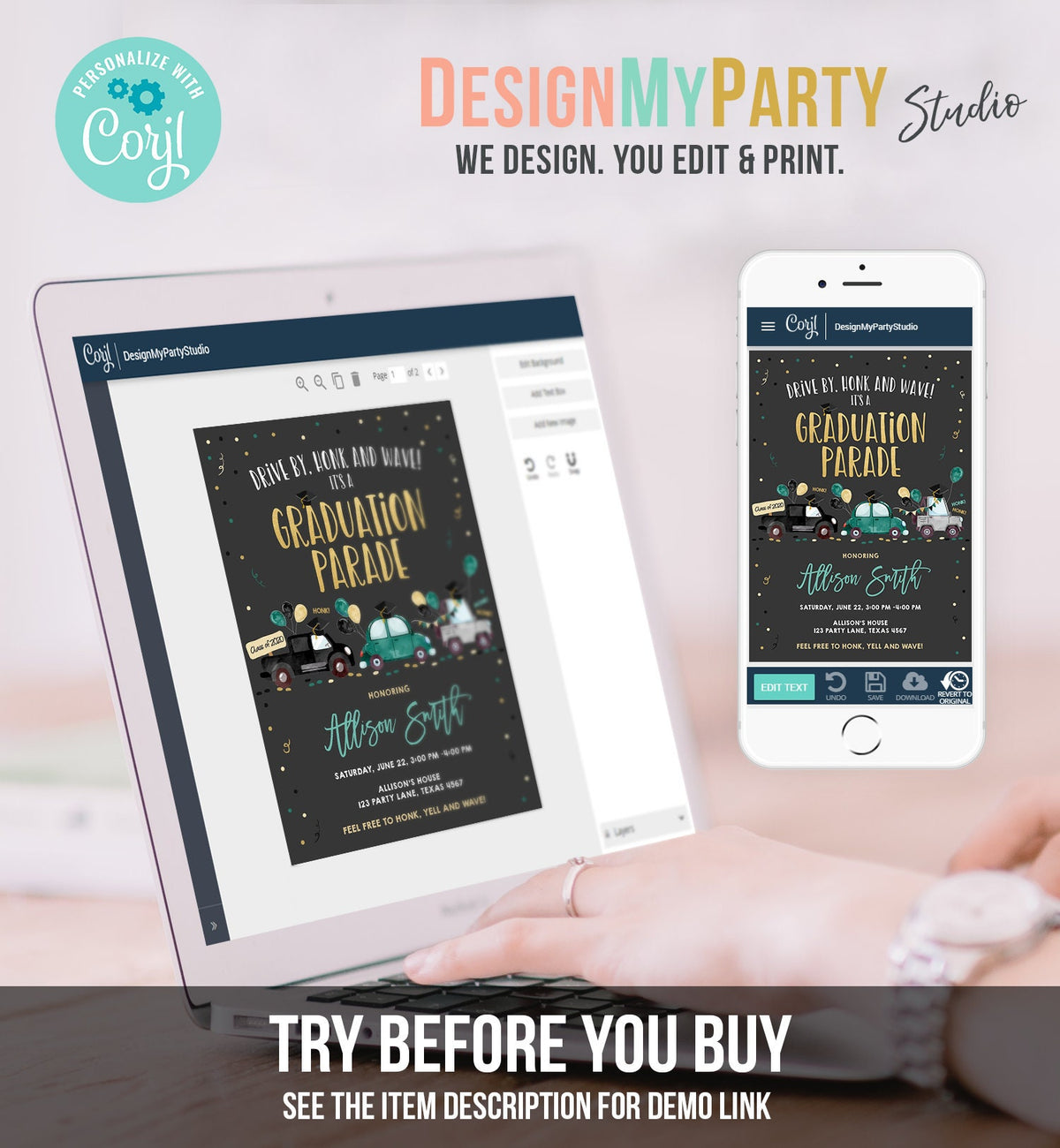 Editable Drive By Graduation Parade Invitation Drive Through Green Boy Graduate High School Grad Class 2021 Quarantine Digital Corjl 0337