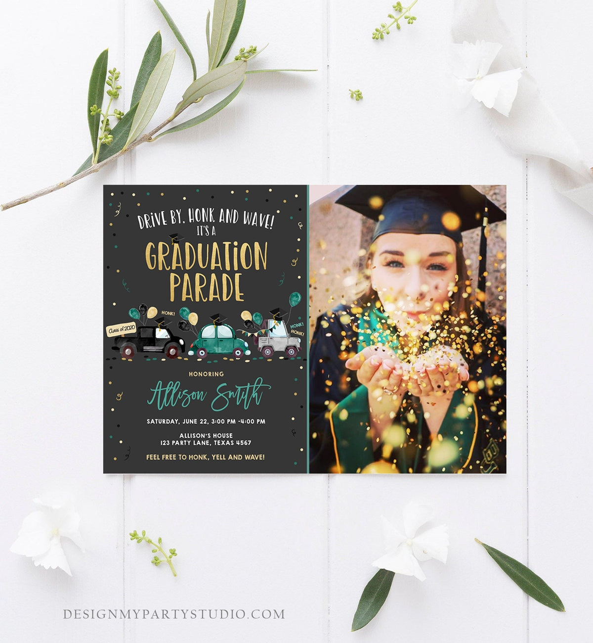 Editable Drive By Graduation Parade Invitation Drive Through Green Boy Graduate High School Grad Class 2021 Quarantine Digital Corjl 0337