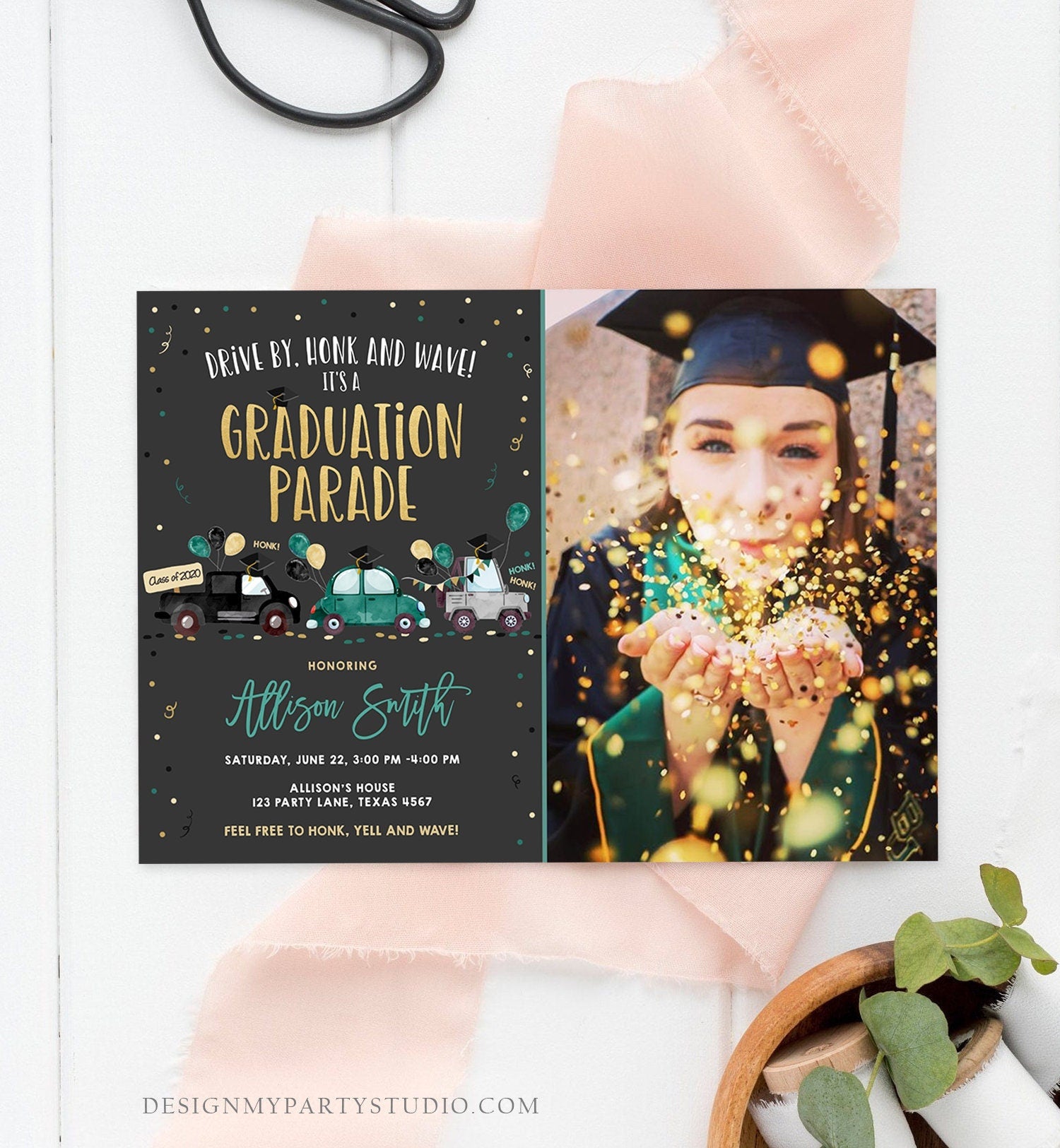 Editable Drive By Graduation Parade Invitation Drive Through Green Boy Graduate High School Grad Class 2021 Quarantine Digital Corjl 0337