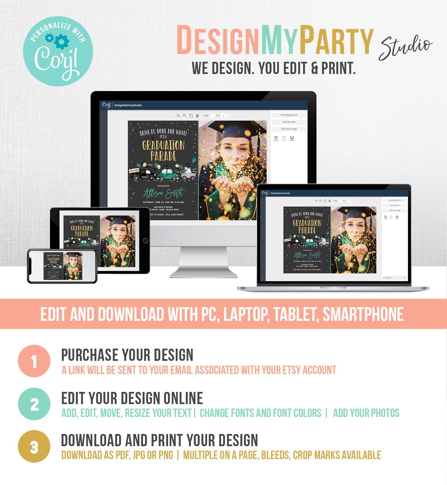 Editable Drive By Graduation Parade Invitation Drive Through Green Boy Graduate High School Grad Class 2021 Quarantine Digital Corjl 0337