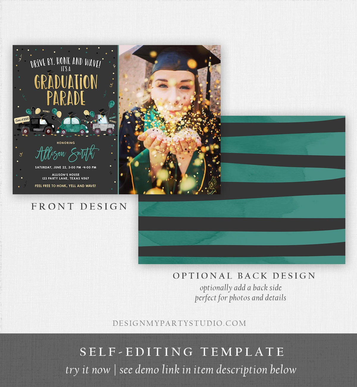 Editable Drive By Graduation Parade Invitation Drive Through Green Boy Graduate High School Grad Class 2021 Quarantine Digital Corjl 0337