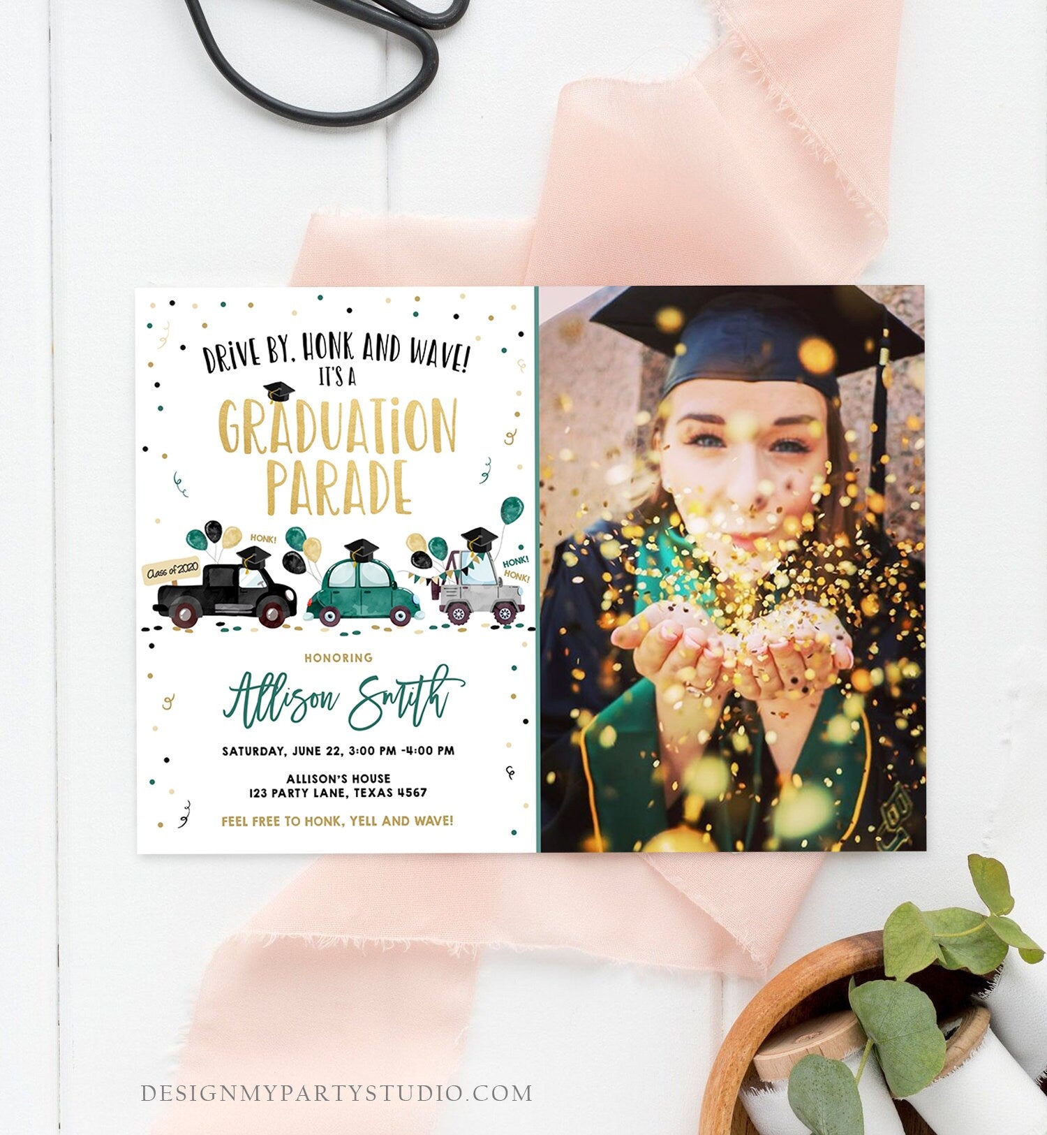 Editable Drive By Graduation Parade Invitation Drive Through Green Boy Graduate High School Grad Class 2021 Quarantine Digital Corjl 0337