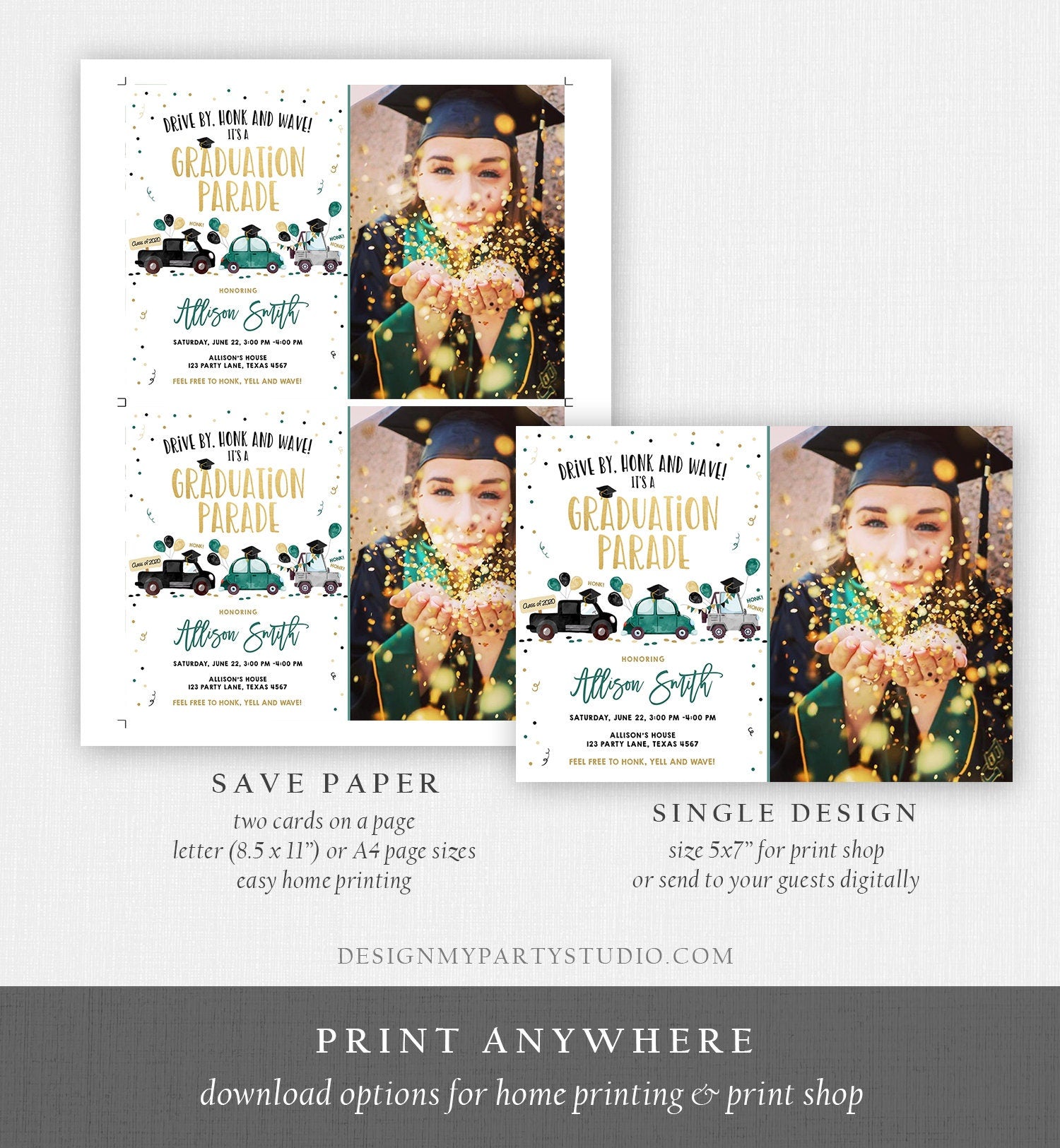 Editable Drive By Graduation Parade Invitation Drive Through Green Boy Graduate High School Grad Class 2021 Quarantine Digital Corjl 0337
