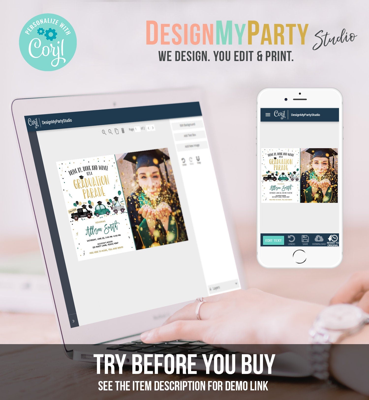 Editable Drive By Graduation Parade Invitation Drive Through Green Boy Graduate High School Grad Class 2021 Quarantine Digital Corjl 0337