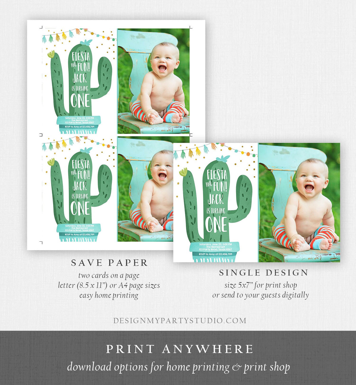 Editable Cactus Fiesta Birthday Invitation Boy Blue First Birthday Succulent 1st Mexican Fiesta and Fun Corjl Photo Template Printable 0255