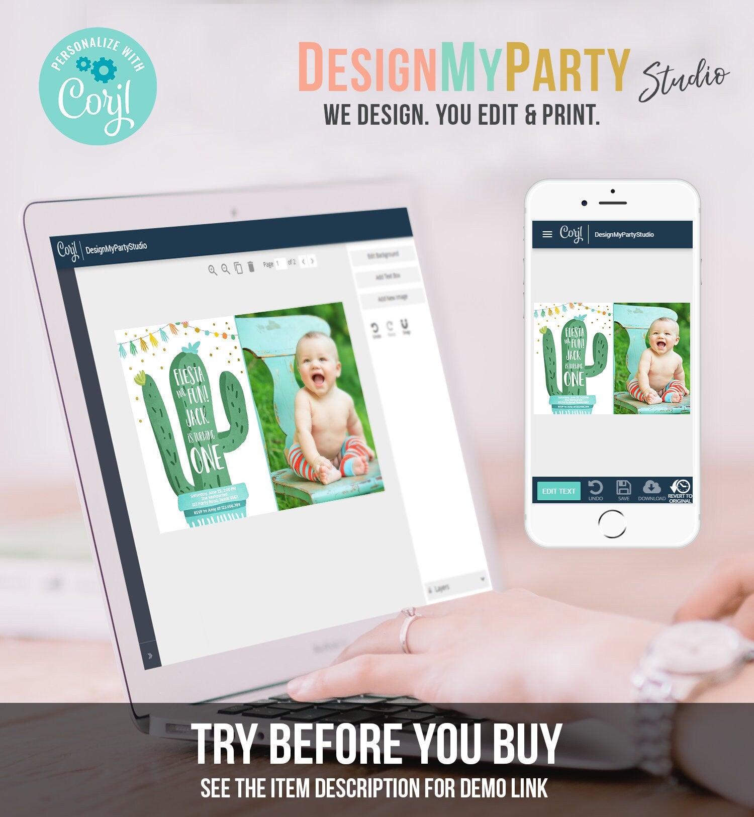 Editable Cactus Fiesta Birthday Invitation Boy Blue First Birthday Succulent 1st Mexican Fiesta and Fun Corjl Photo Template Printable 0255