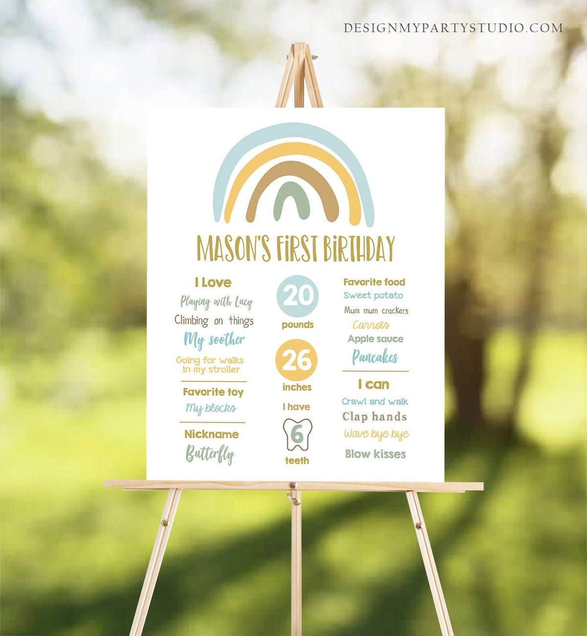 Editable Rainbow Birthday Milestones Sign Boy First Birthday 1st Pastel Infographic Birthday Decor Download Corjl Template Printable 0331