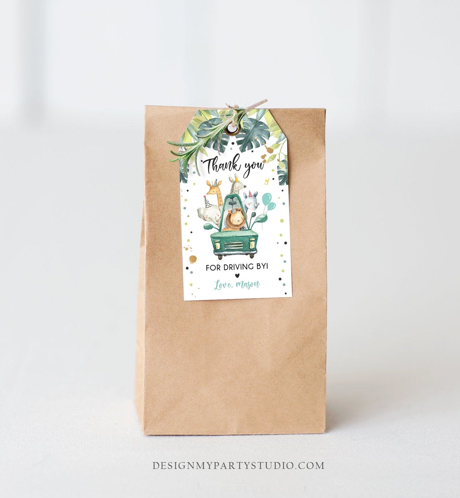 Editable Drive By Favor Tag Drive By Birthday Party Parade Thank You Baby Shower Tags Blue Boy Safari Animals Corjl Template Printable 0345