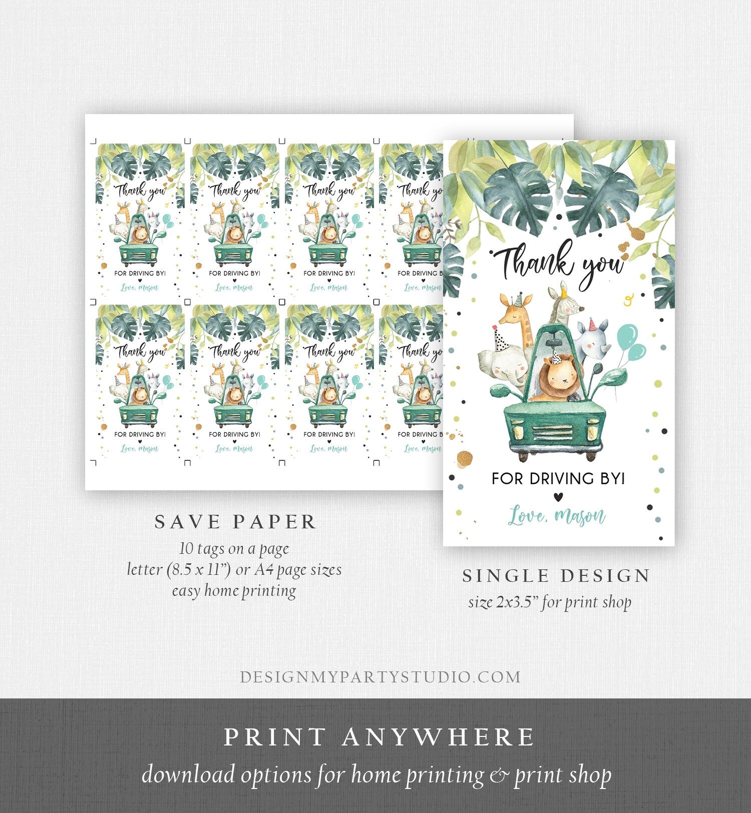 Editable Drive By Favor Tag Drive By Birthday Party Parade Thank You Baby Shower Tags Blue Boy Safari Animals Corjl Template Printable 0345