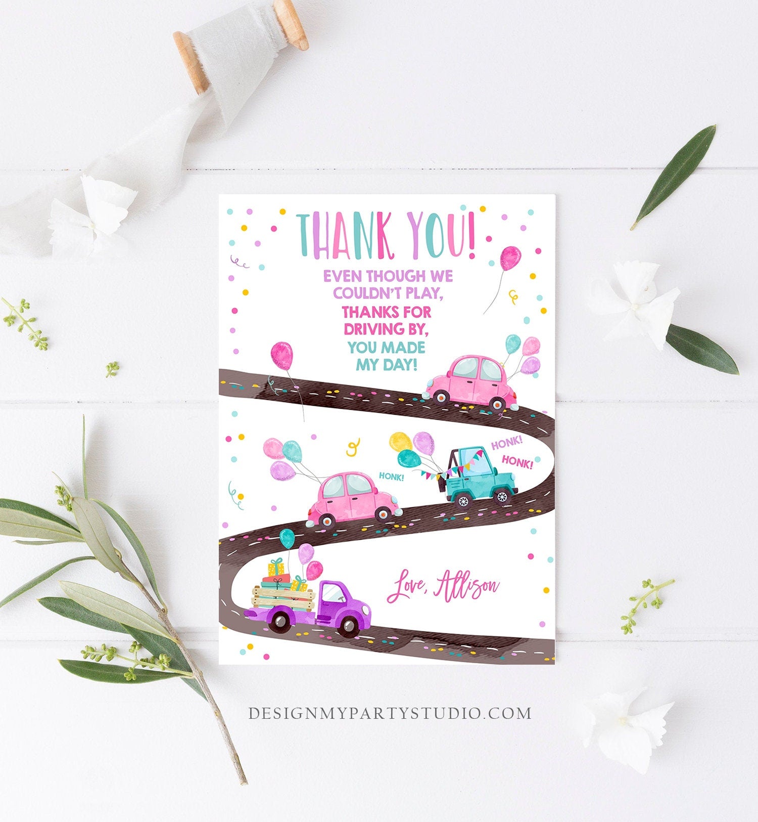 Editable Drive By Birthday Parade Thank You Card Virtual Party Invite Honk Wave Car Girl Pink Quarantine Instant Download Digital Corjl 0333