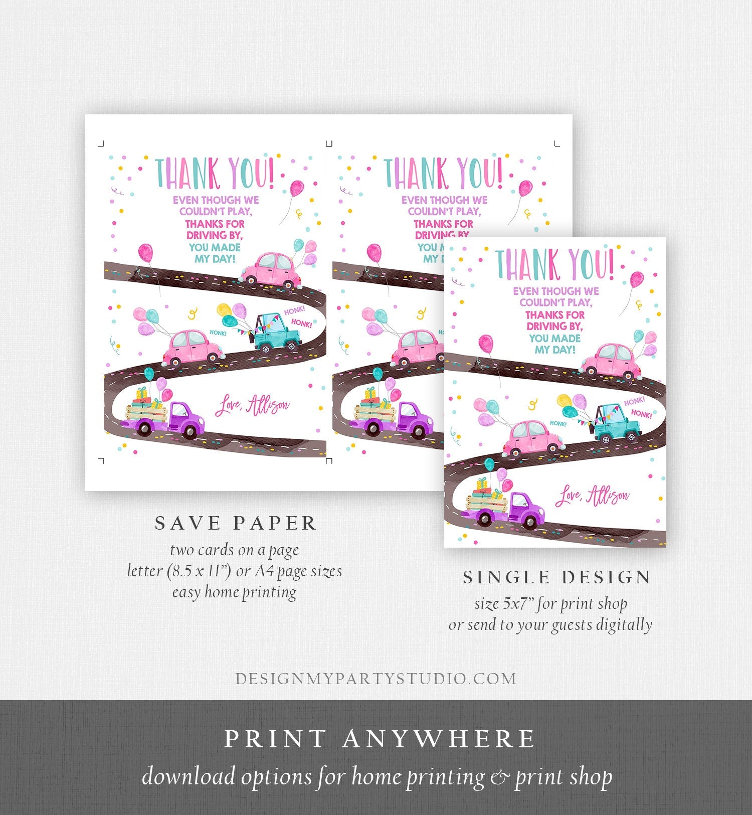 Editable Drive By Birthday Parade Thank You Card Virtual Party Invite Honk Wave Car Girl Pink Quarantine Instant Download Digital Corjl 0333