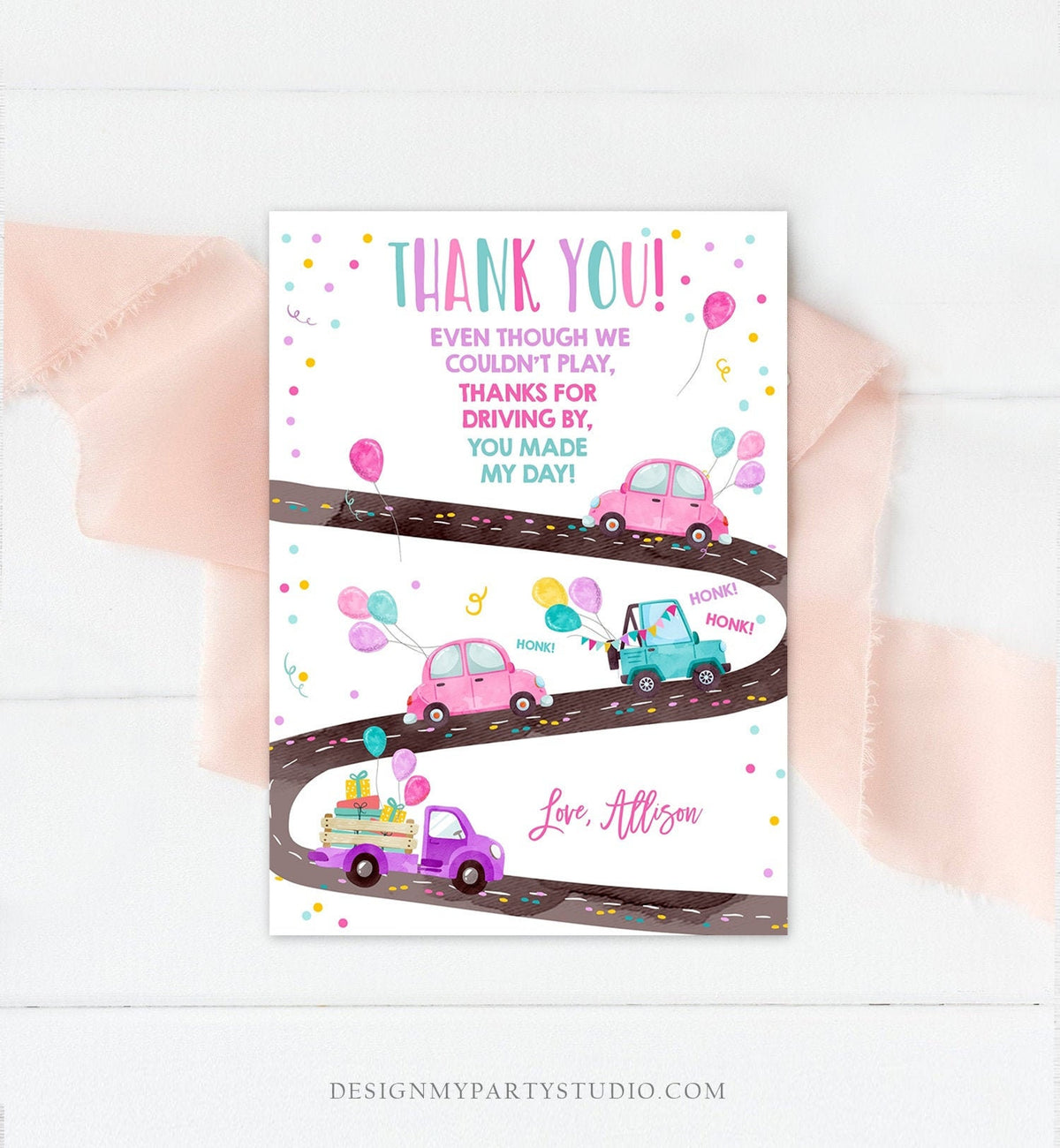 Editable Drive By Birthday Parade Thank You Card Virtual Party Invite Honk Wave Car Girl Pink Quarantine Instant Download Digital Corjl 0333