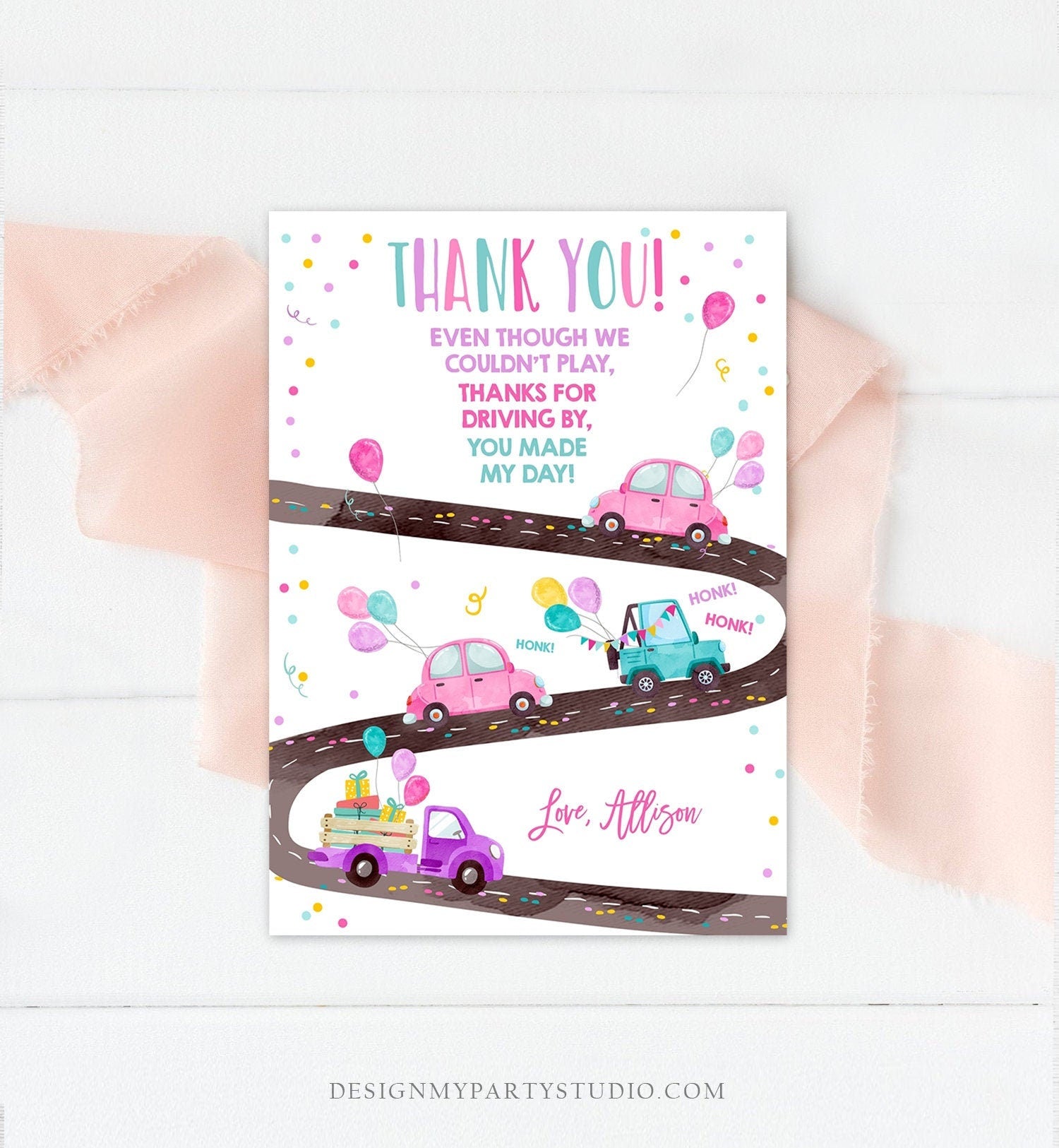 Editable Drive By Birthday Parade Thank You Card Virtual Party Invite Honk Wave Car Girl Pink Quarantine Instant Download Digital Corjl 0333