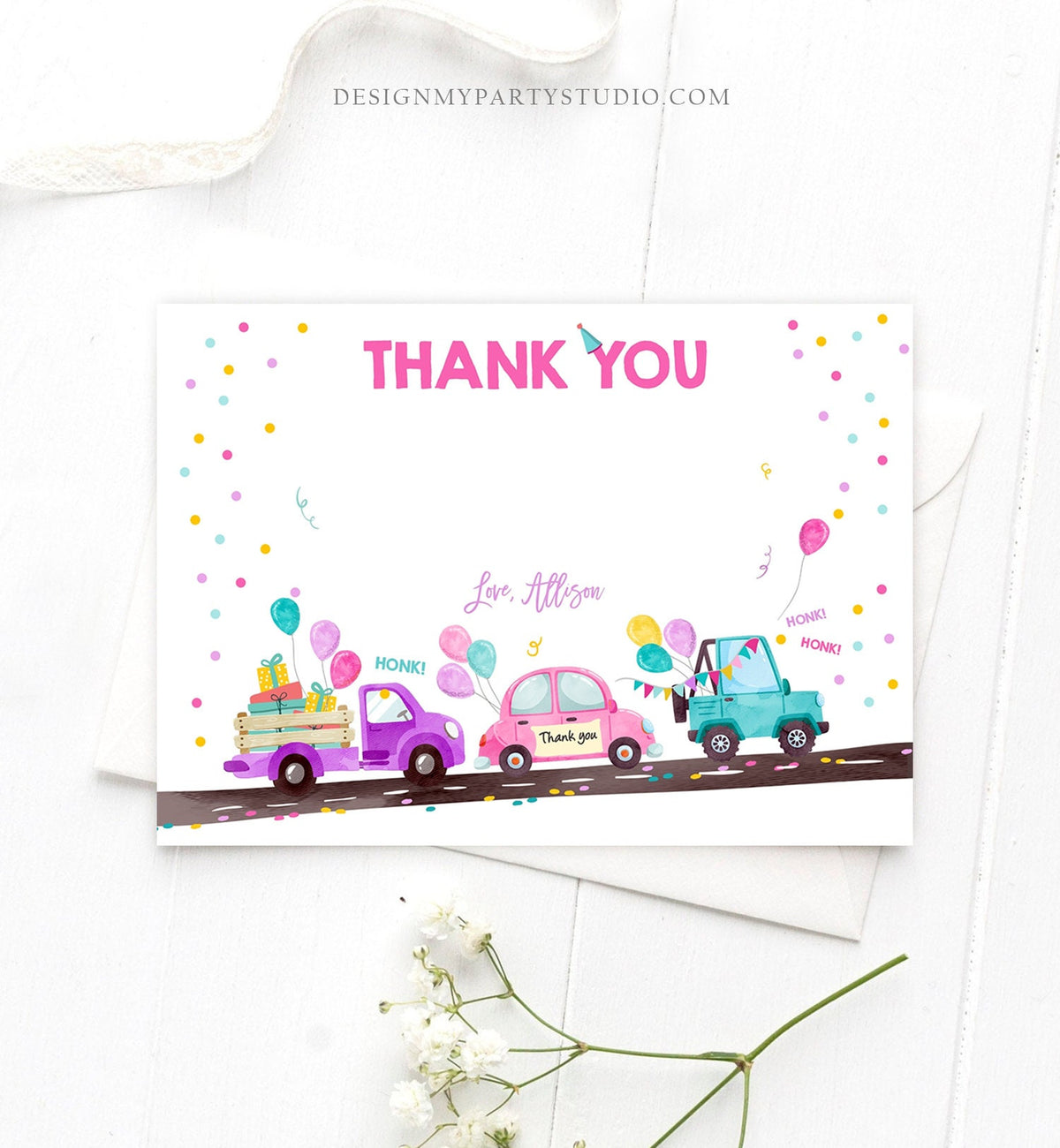 Editable Drive By Birthday Parade Thank You Card Virtual Party Invite Honk Wave Car Girl Pink Quarantine Instant Download Digital Corjl 0333