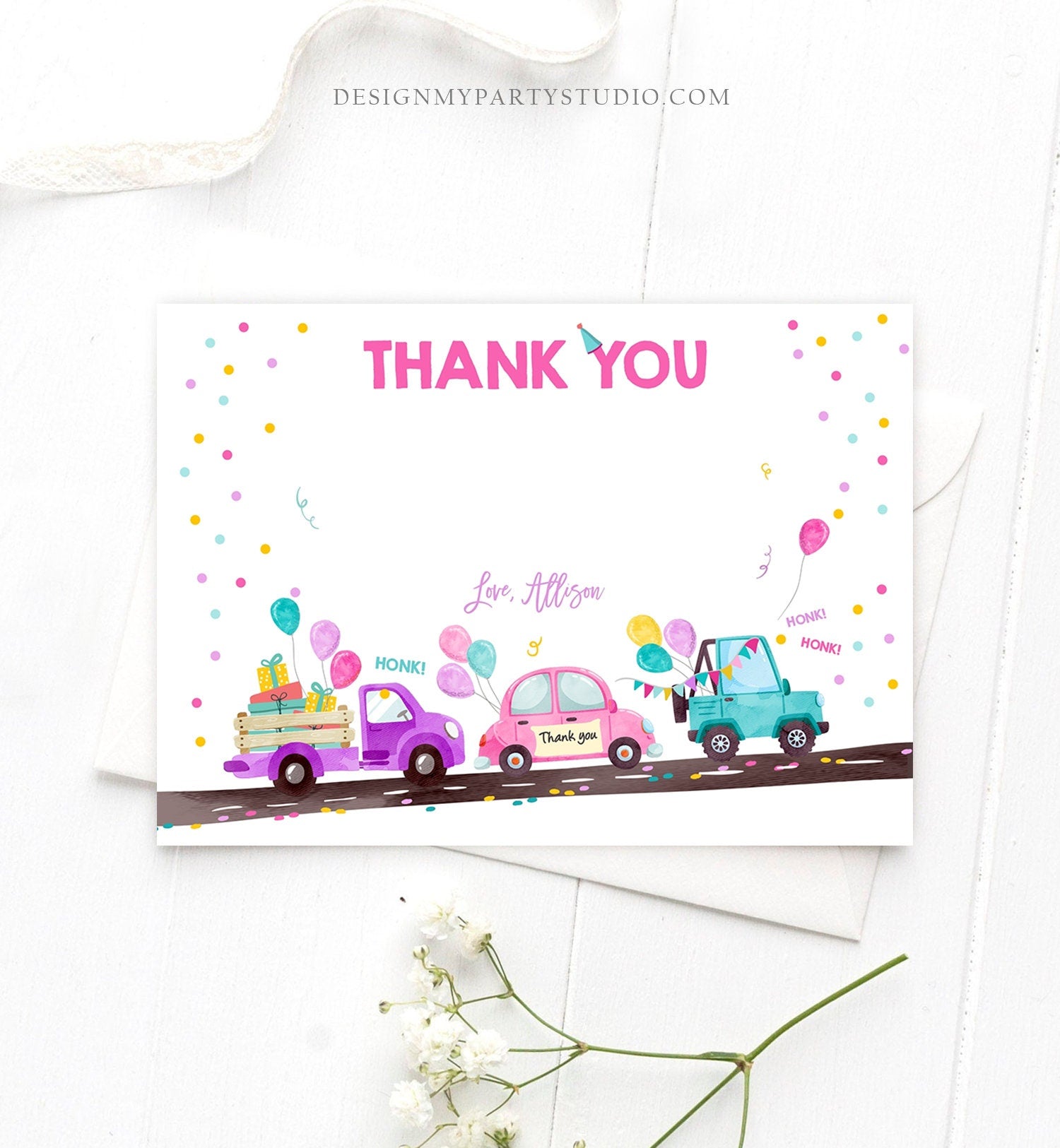 Editable Drive By Birthday Parade Thank You Card Virtual Party Invite Honk Wave Car Girl Pink Quarantine Instant Download Digital Corjl 0333