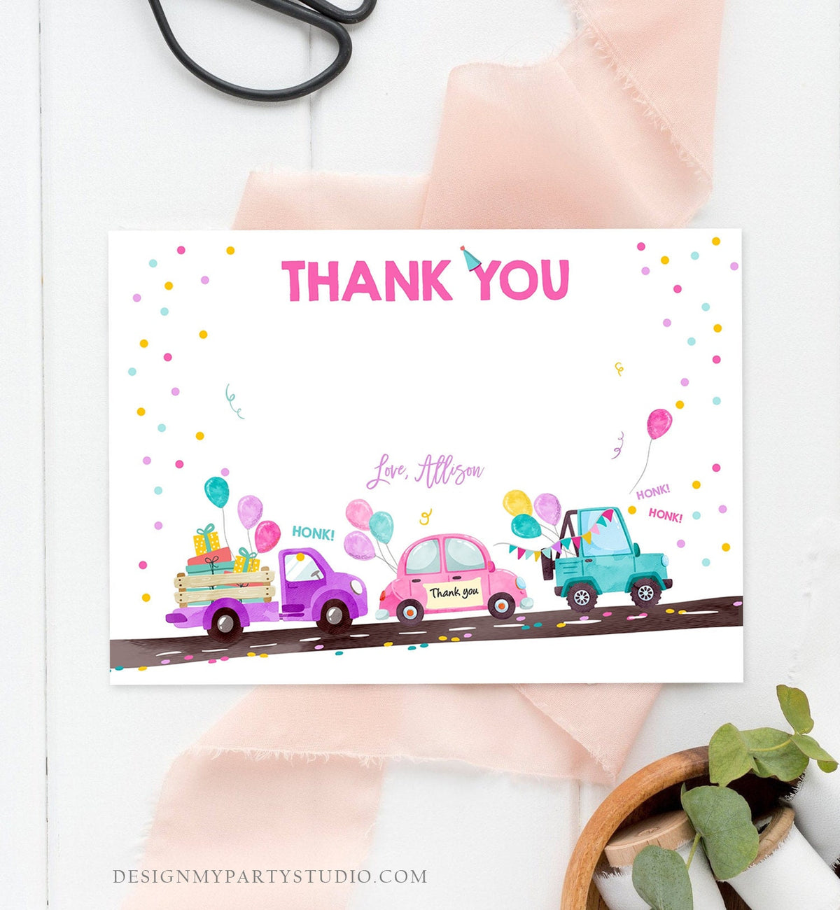 Editable Drive By Birthday Parade Thank You Card Virtual Party Invite Honk Wave Car Girl Pink Quarantine Instant Download Digital Corjl 0333
