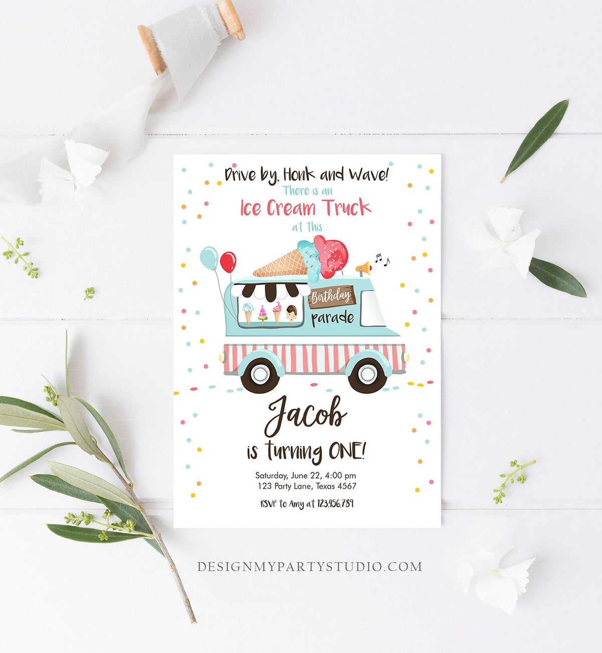 Editable Ice Cream Truck Birthday Invitation Birthday Parade Drive By Birthday Invite Quarantine Party Scoop Printable Template Corjl 0243