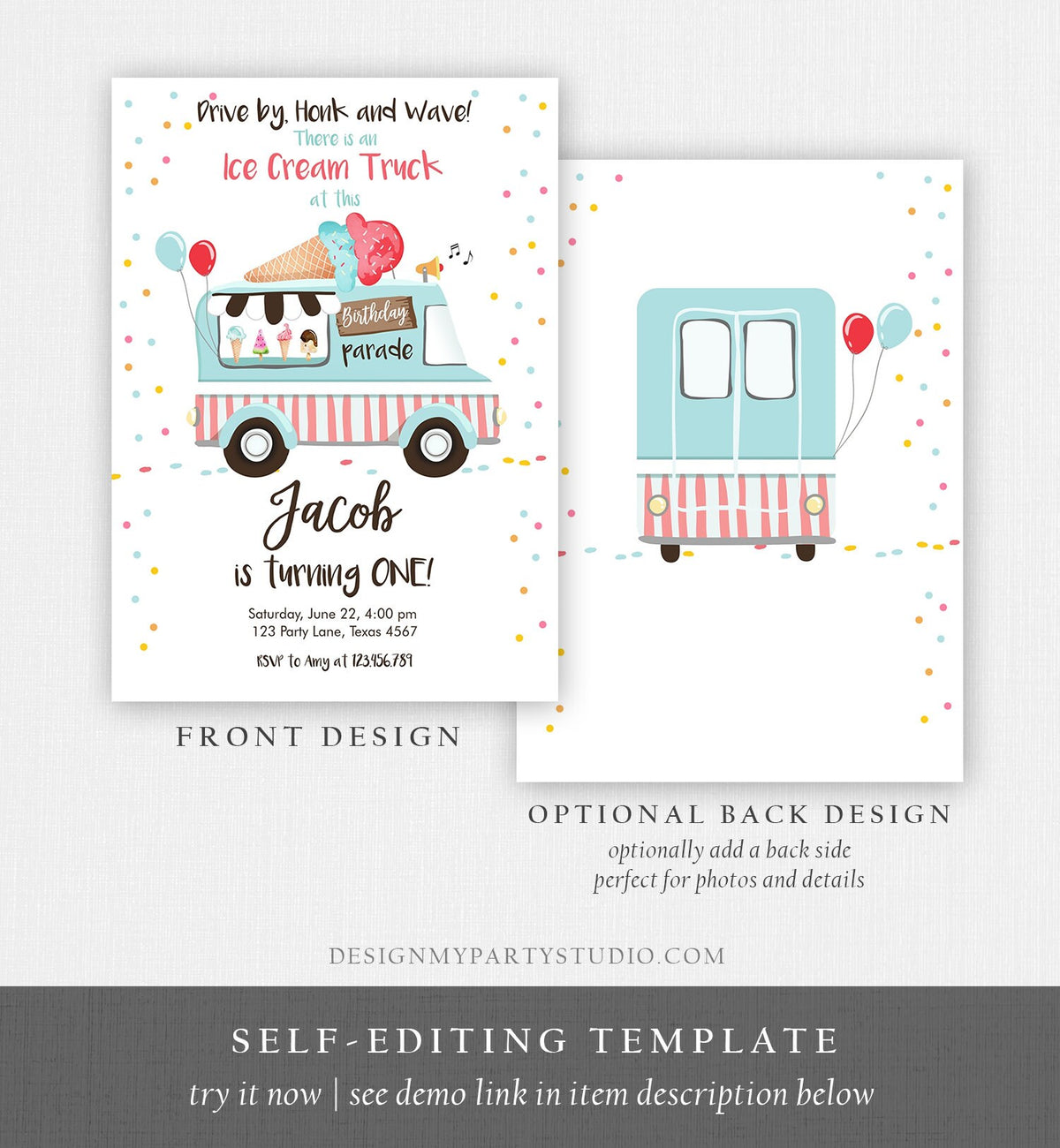 Editable Ice Cream Truck Birthday Invitation Birthday Parade Drive By Birthday Invite Quarantine Party Scoop Printable Template Corjl 0243