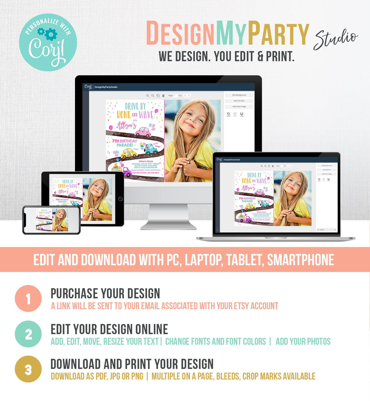 Editable Drive By Birthday Parade Invitation Virtual Party Invite Honk Wave Car Girl Pink Quarantine Instant Download Digital Corjl 0333