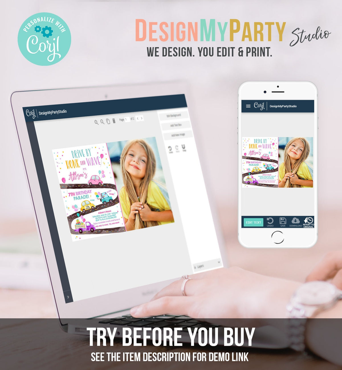 Editable Drive By Birthday Parade Invitation Virtual Party Invite Honk Wave Car Girl Pink Quarantine Instant Download Digital Corjl 0333