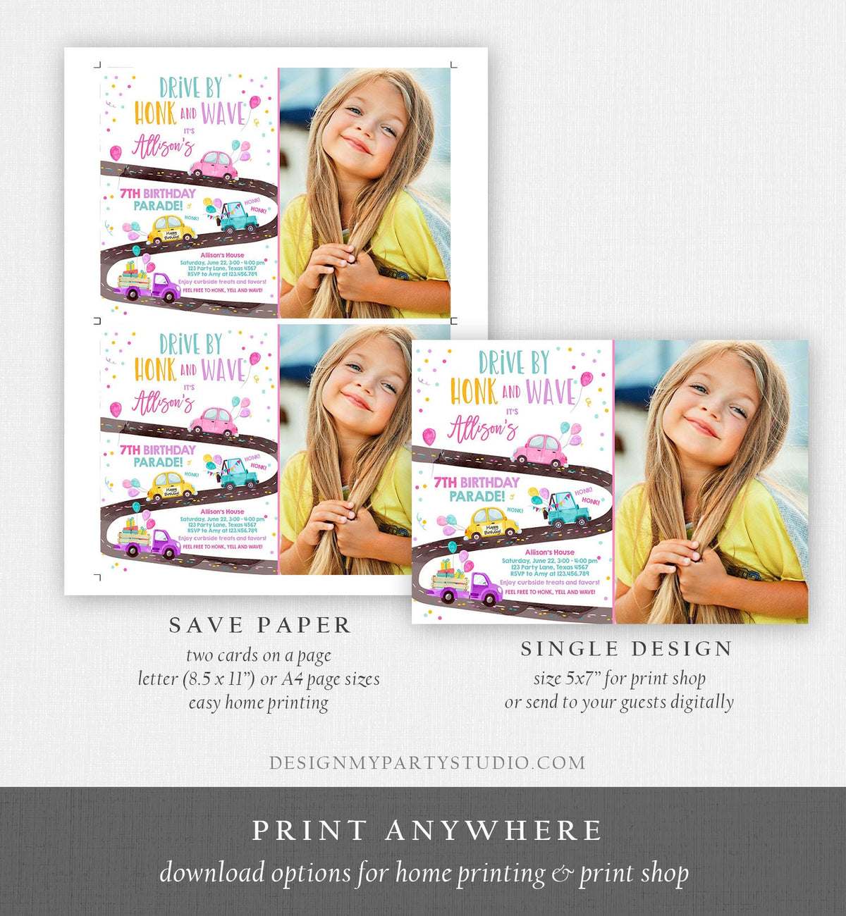 Editable Drive By Birthday Parade Invitation Virtual Party Invite Honk Wave Car Girl Pink Quarantine Instant Download Digital Corjl 0333