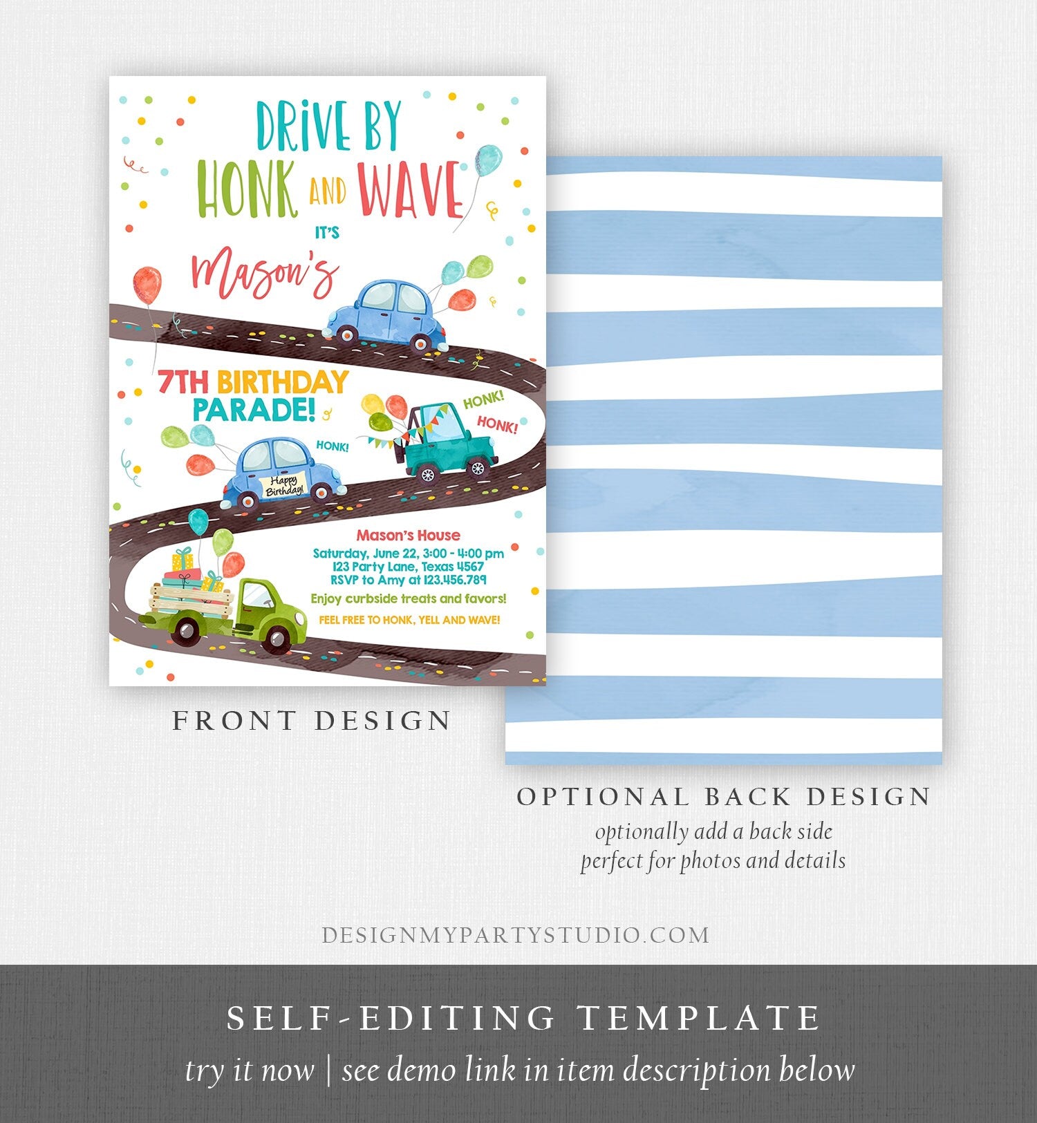 Editable Drive By Birthday Parade Invitation Virtual Party Invite Honk Wave Car Boy Blue Quarantine Instant Download Digital Corjl 0333