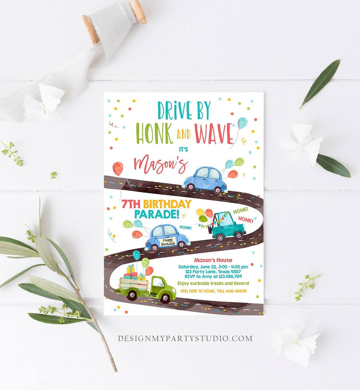 Editable Drive By Birthday Parade Invitation Virtual Party Invite Honk Wave Car Boy Blue Quarantine Instant Download Digital Corjl 0333