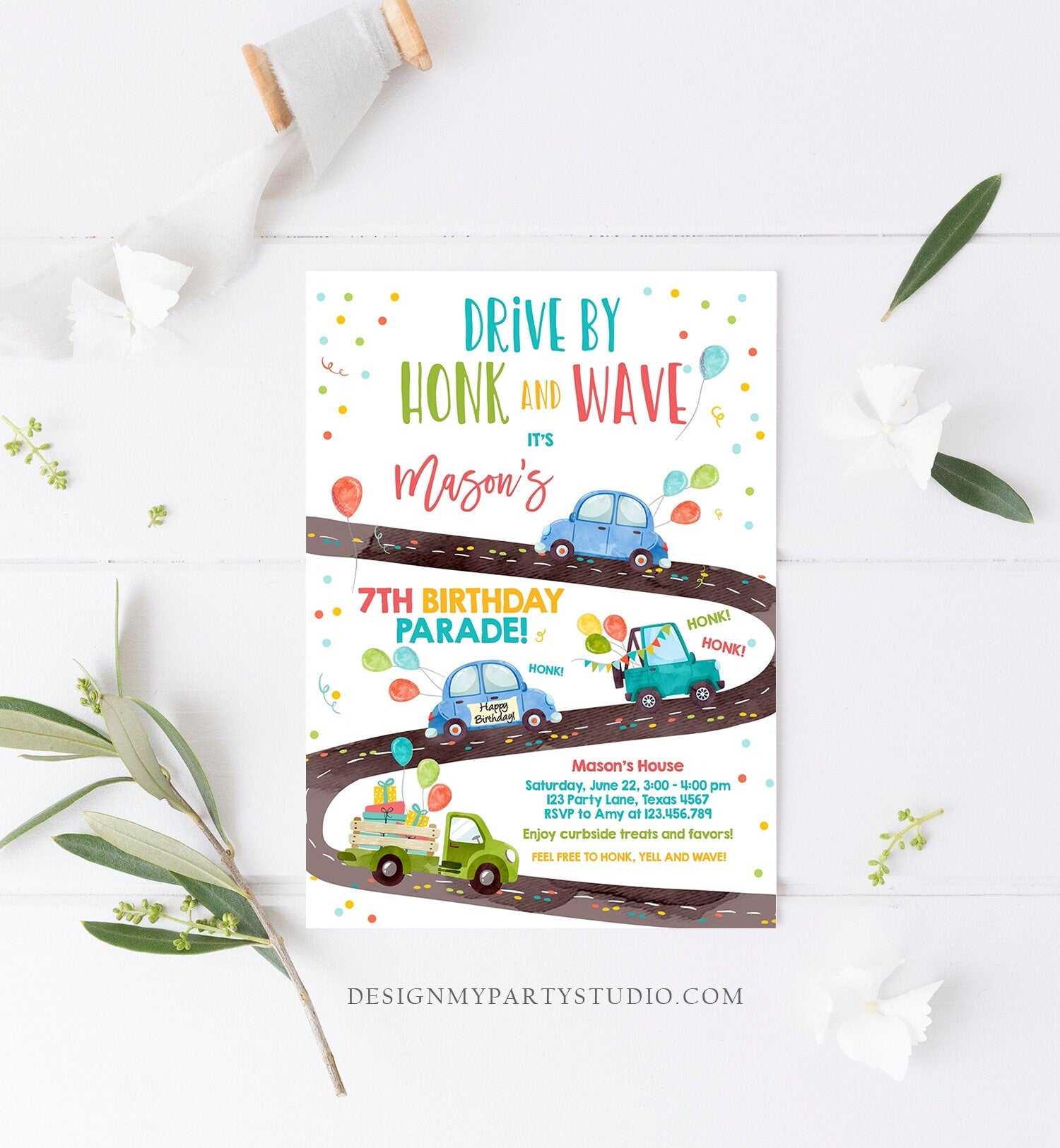 Editable Drive By Birthday Parade Invitation Virtual Party Invite Honk Wave Car Boy Blue Quarantine Instant Download Digital Corjl 0333