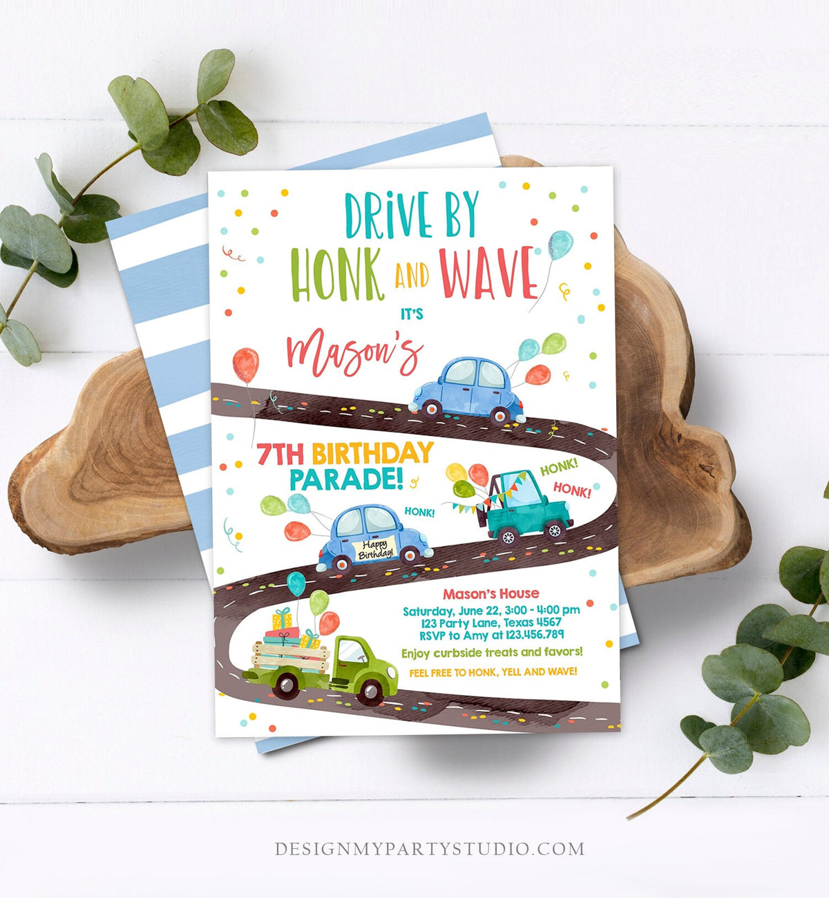 Editable Drive By Birthday Parade Invitation Virtual Party Invite Honk Wave Car Boy Blue Quarantine Instant Download Digital Corjl 0333