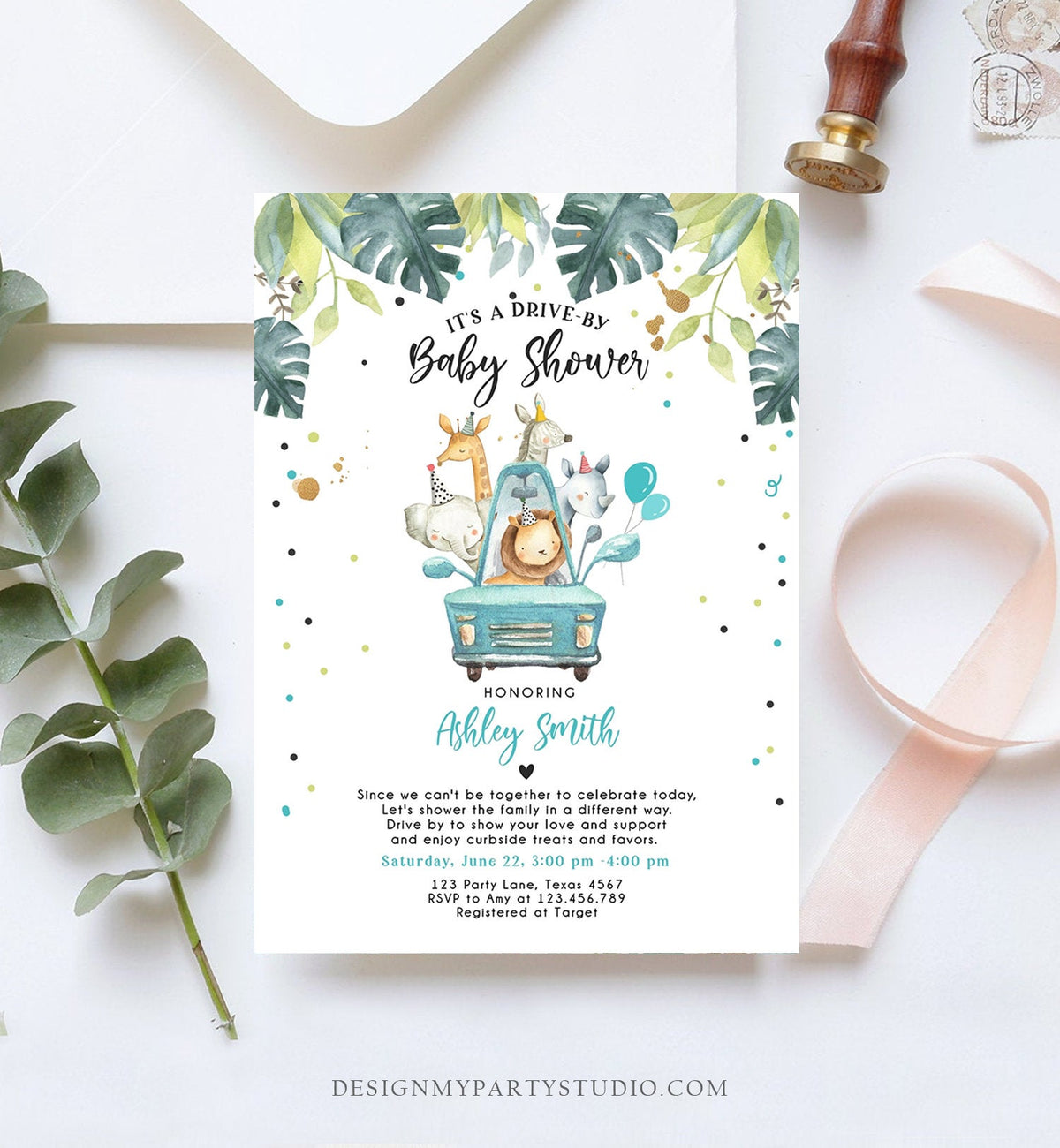 Editable Drive By Baby Shower Invitation Safari Animals Coed Shower Drive Through Quarantine Blue Boy Sprinkle Template Download Corjl 0163
