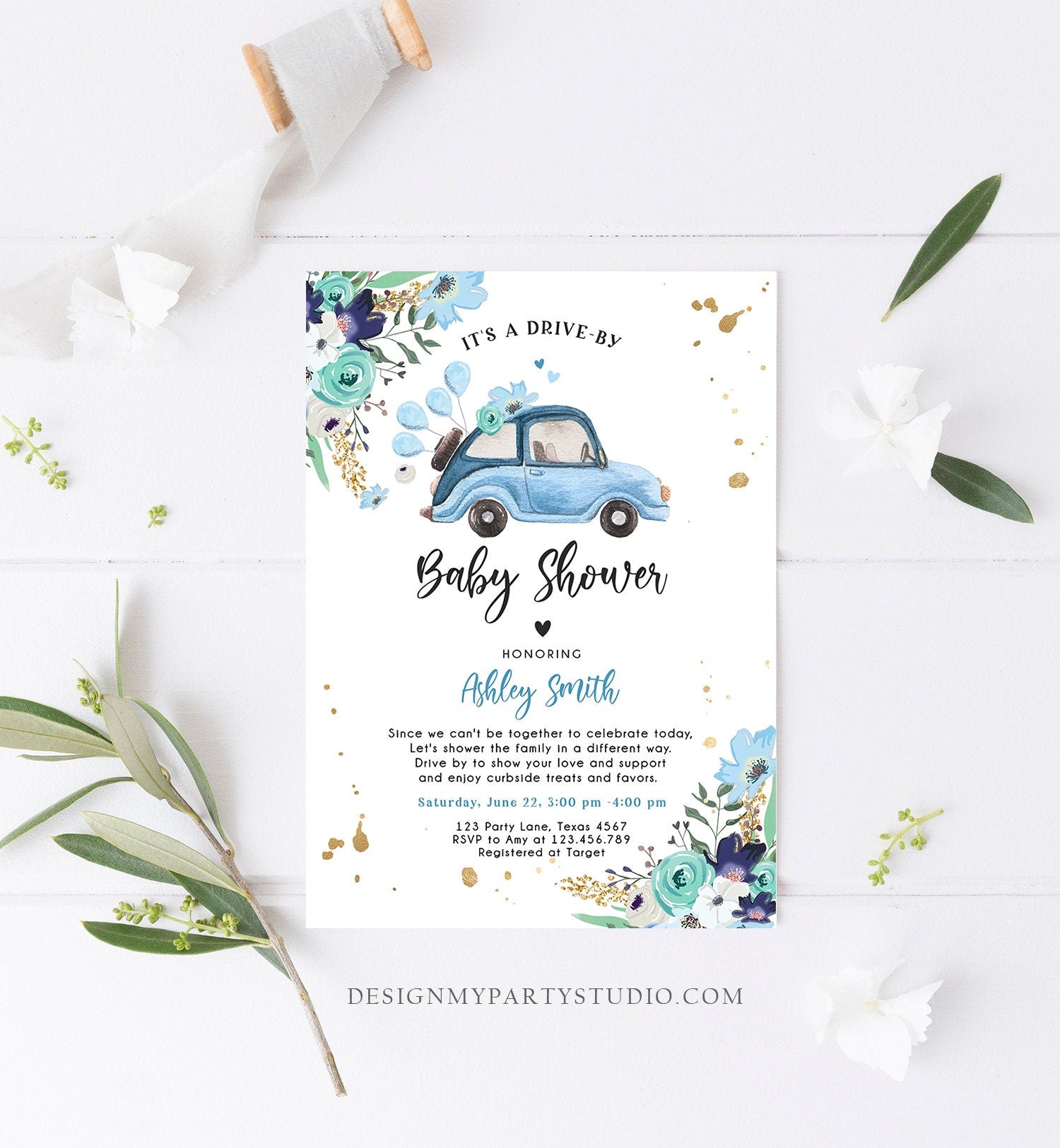 Editable Drive By Baby Shower Invitation Blue Girl Boy Baby Shower Invite Quarantine Drive Through Floral Sprinkle Corjl Template 0335