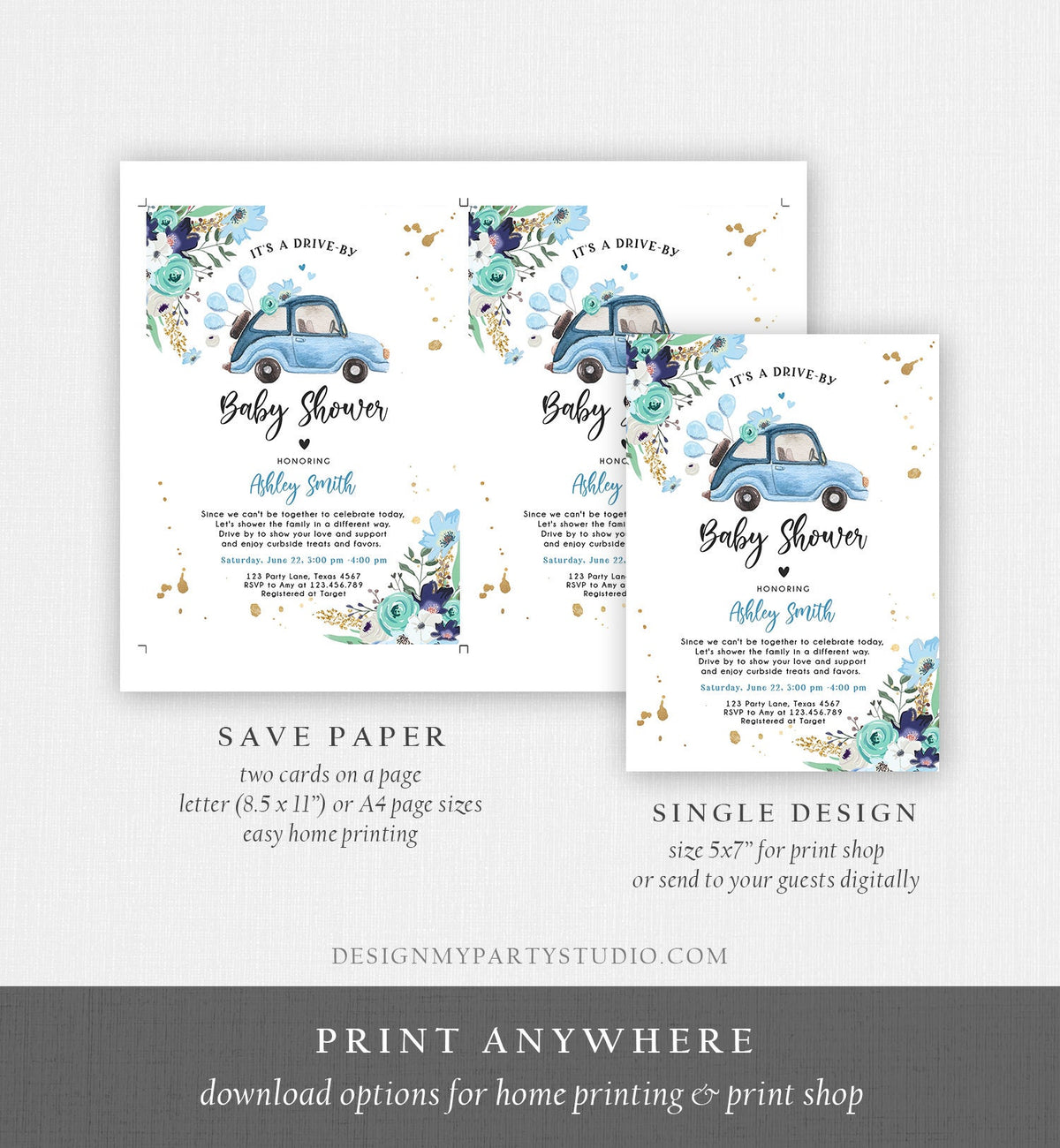 Editable Drive By Baby Shower Invitation Blue Girl Boy Baby Shower Invite Quarantine Drive Through Floral Sprinkle Corjl Template 0335