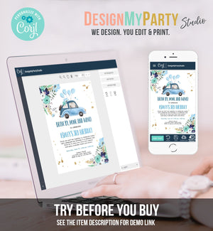 Editable Drive By Birthday Parade Invitation Virtual Party Invite Honk Wave Car Girl Blue Quarantine Through Download Digital Corjl 0335