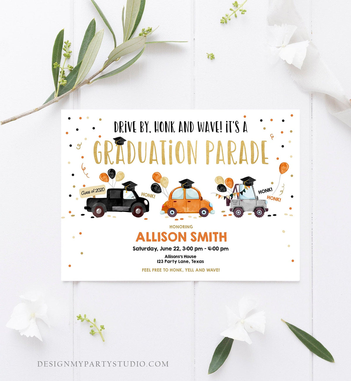 Editable Drive By Graduation Parade Invitation Drive Through Party Orange Gold Quarantine Graduate 2021 High School Grad Download Corjl 0337