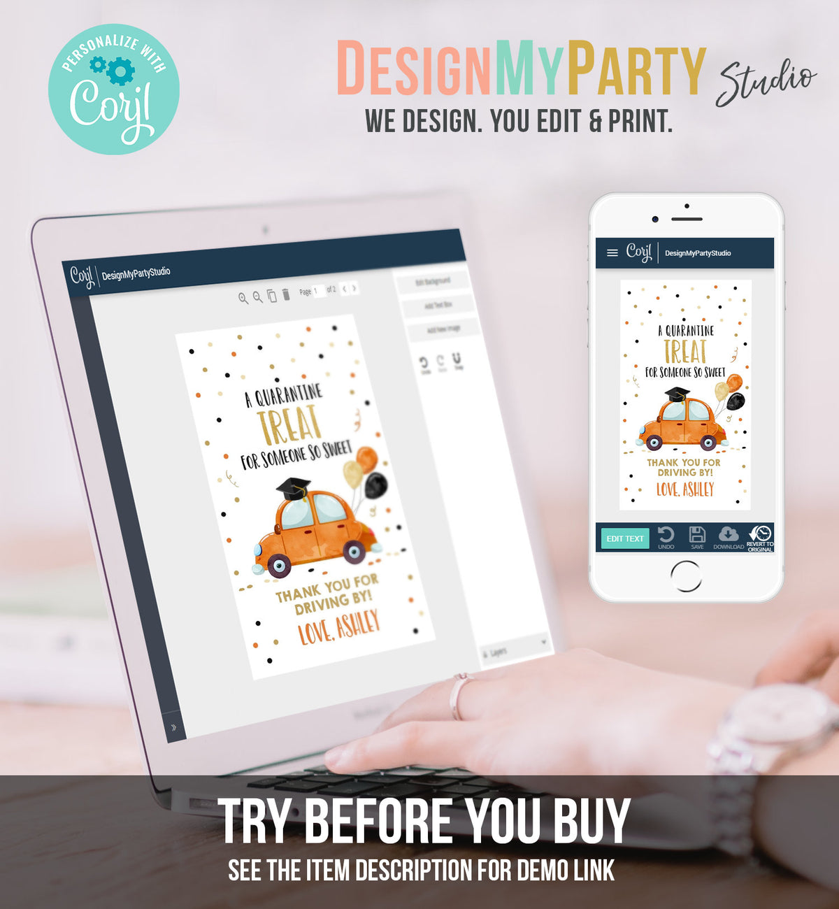 Editable Drive By Favor Tag Drive Through Graduation Parade Thank You Gift Tags Quarantine Orange Car High School Grad Graduate Corjl 0337