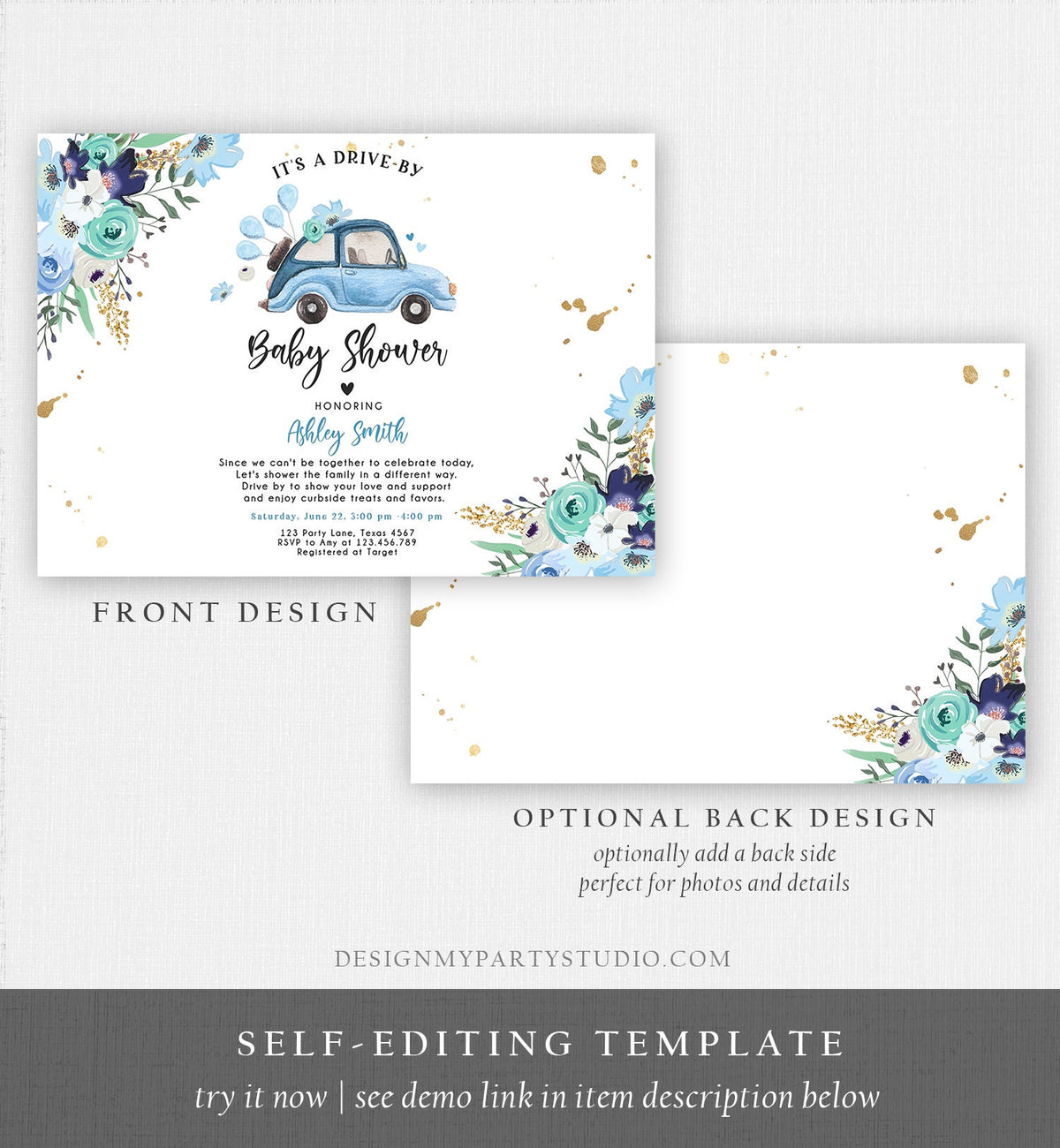 Editable Drive By Baby Shower Invitation Blue Girl Baby Shower Invite Quarantine Drive Through Floral Sprinkle Template Download Corjl 0335