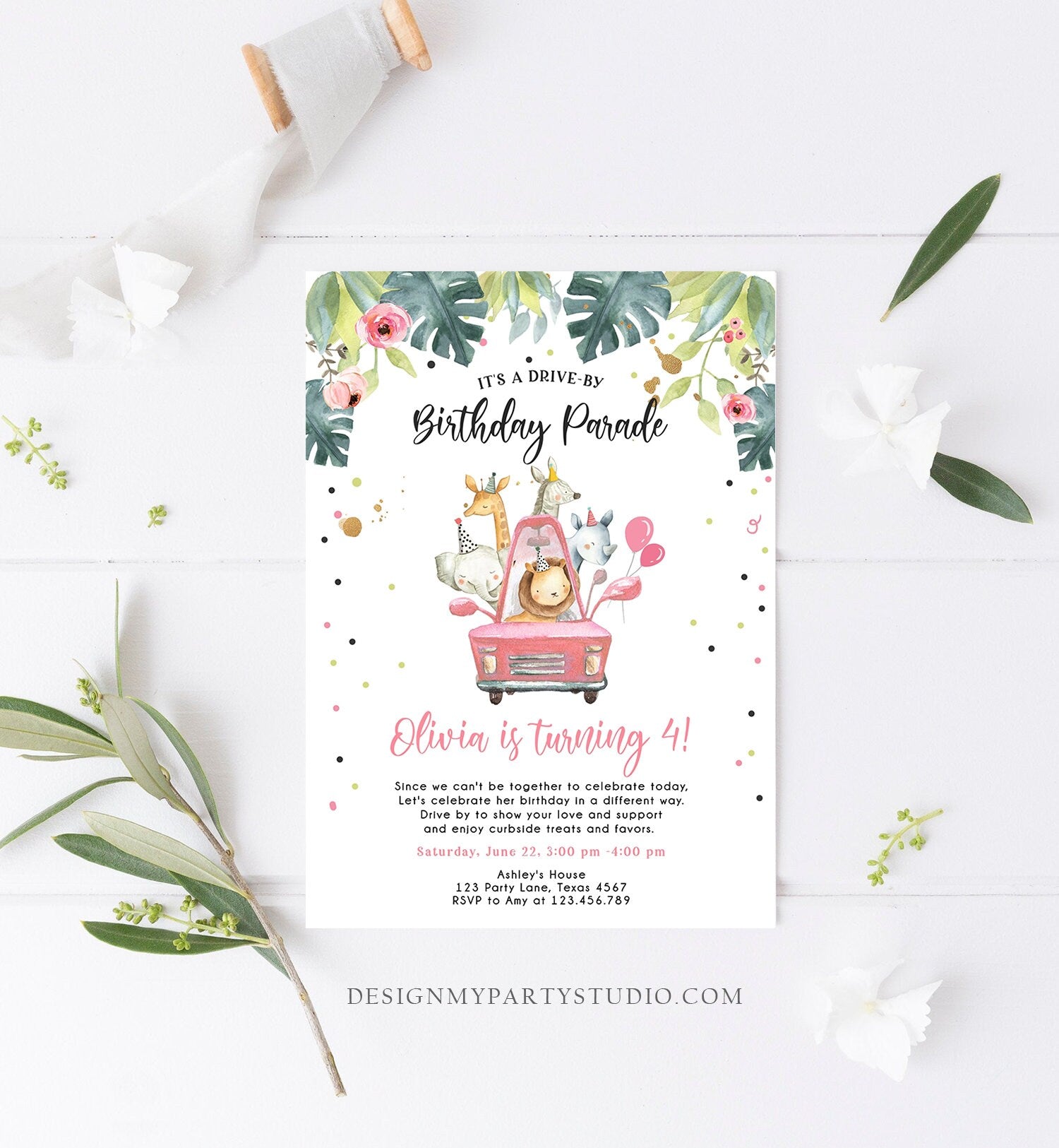 Editable Drive By Birthday Parade Invitation Girl Pink Gold Safari Animals Car Drive Through Quarantine Social Distancing Party Corjl 0345
