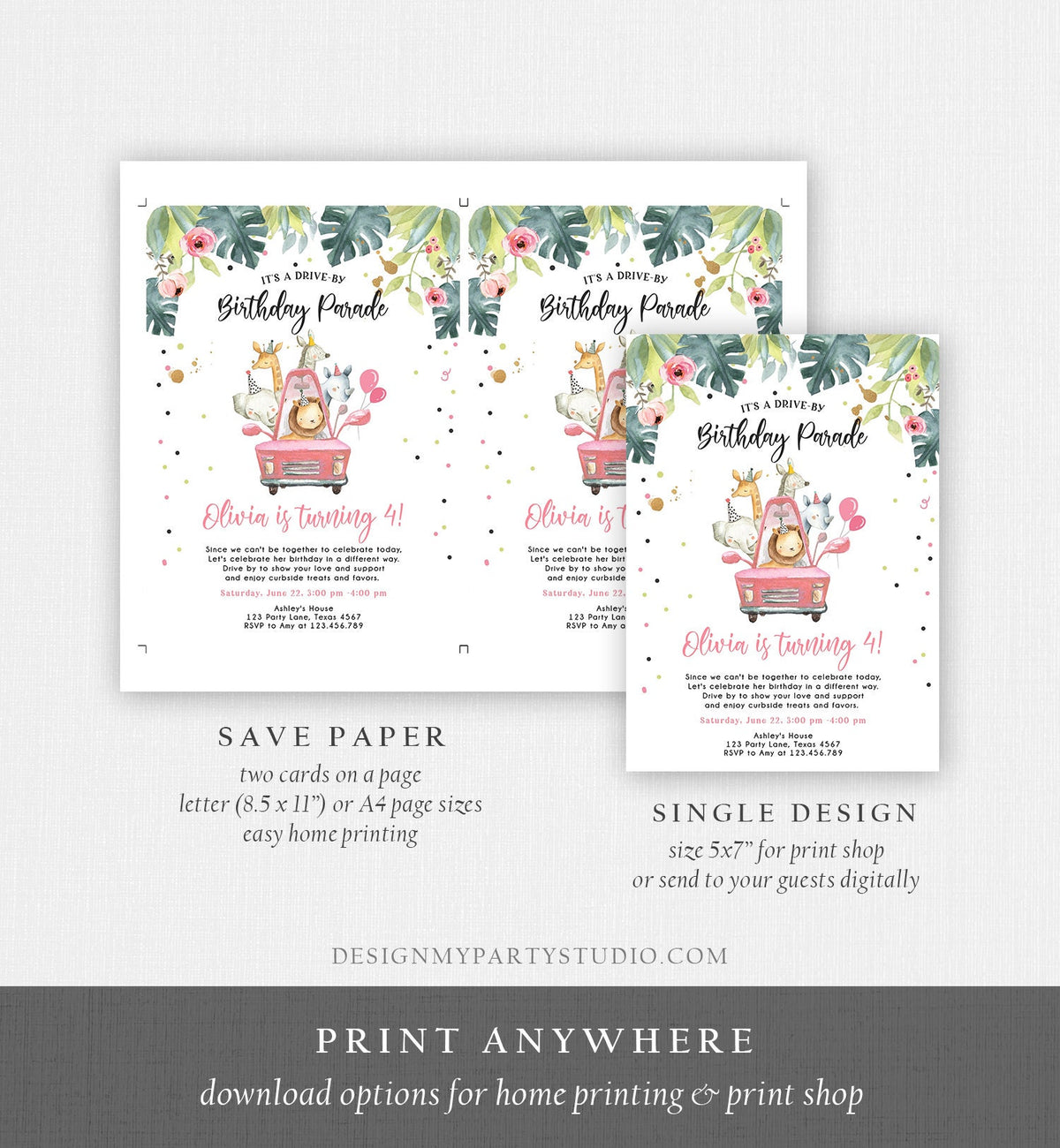 Editable Drive By Birthday Parade Invitation Girl Pink Gold Safari Animals Car Drive Through Quarantine Social Distancing Party Corjl 0345