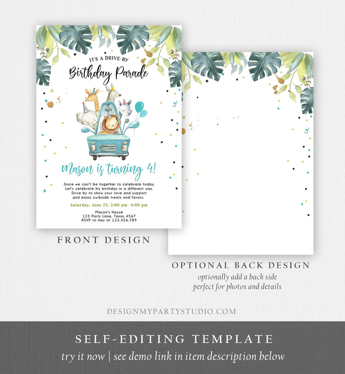 Editable Drive By Birthday Parade Invitation Boy Blue Gold Safari Animals Car Drive Through Quarantine Social Distancing Party Corjl 0345