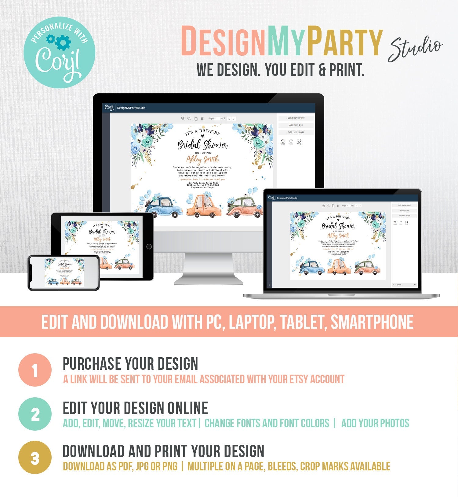 Editable Drive By Bridal Shower Invitation Navy Blue Floral Drive Through Couples Shower Social Distancing Bridal Shower Corjl Template 0335