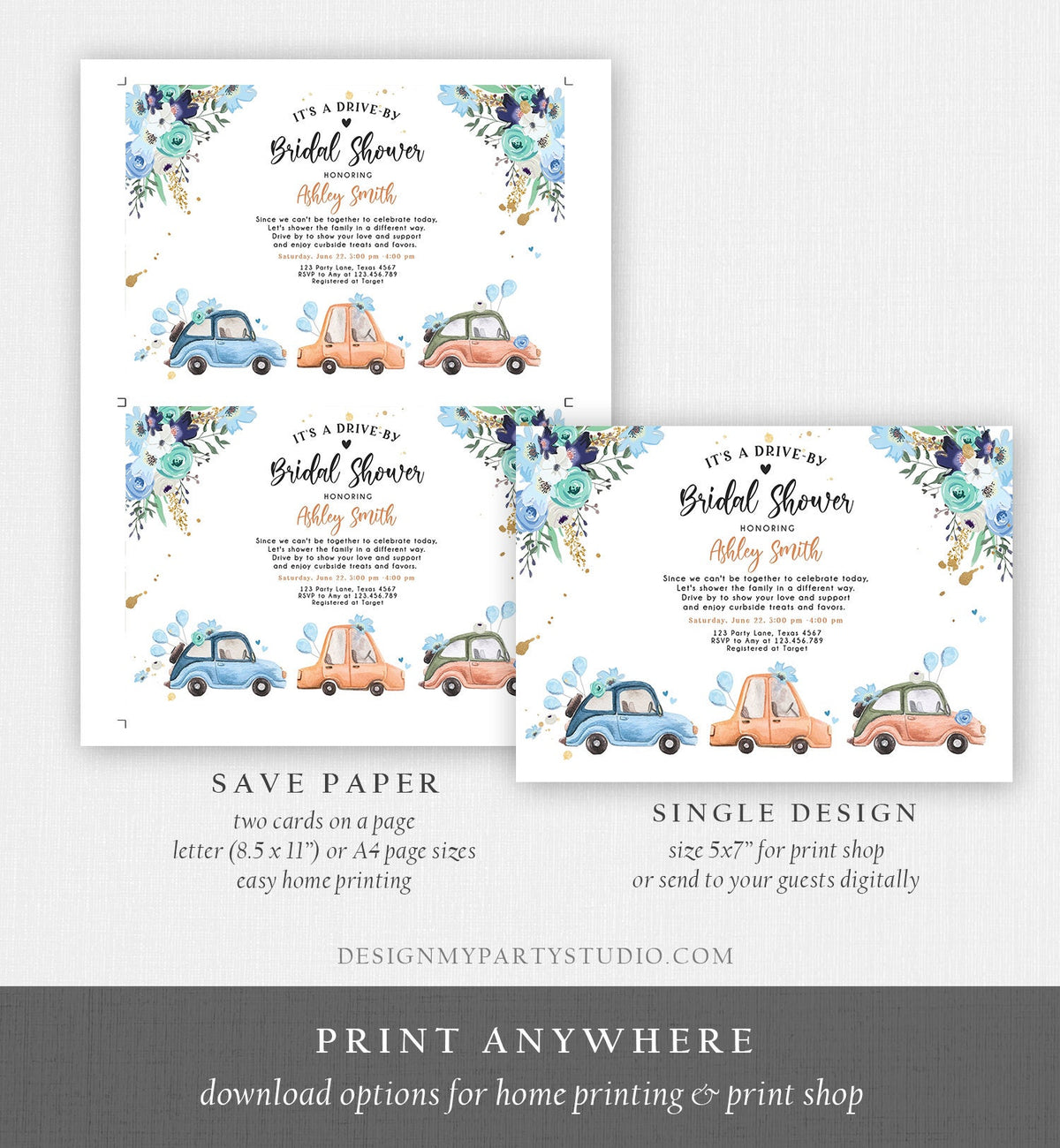 Editable Drive By Bridal Shower Invitation Navy Blue Floral Drive Through Couples Shower Social Distancing Bridal Shower Corjl Template 0335