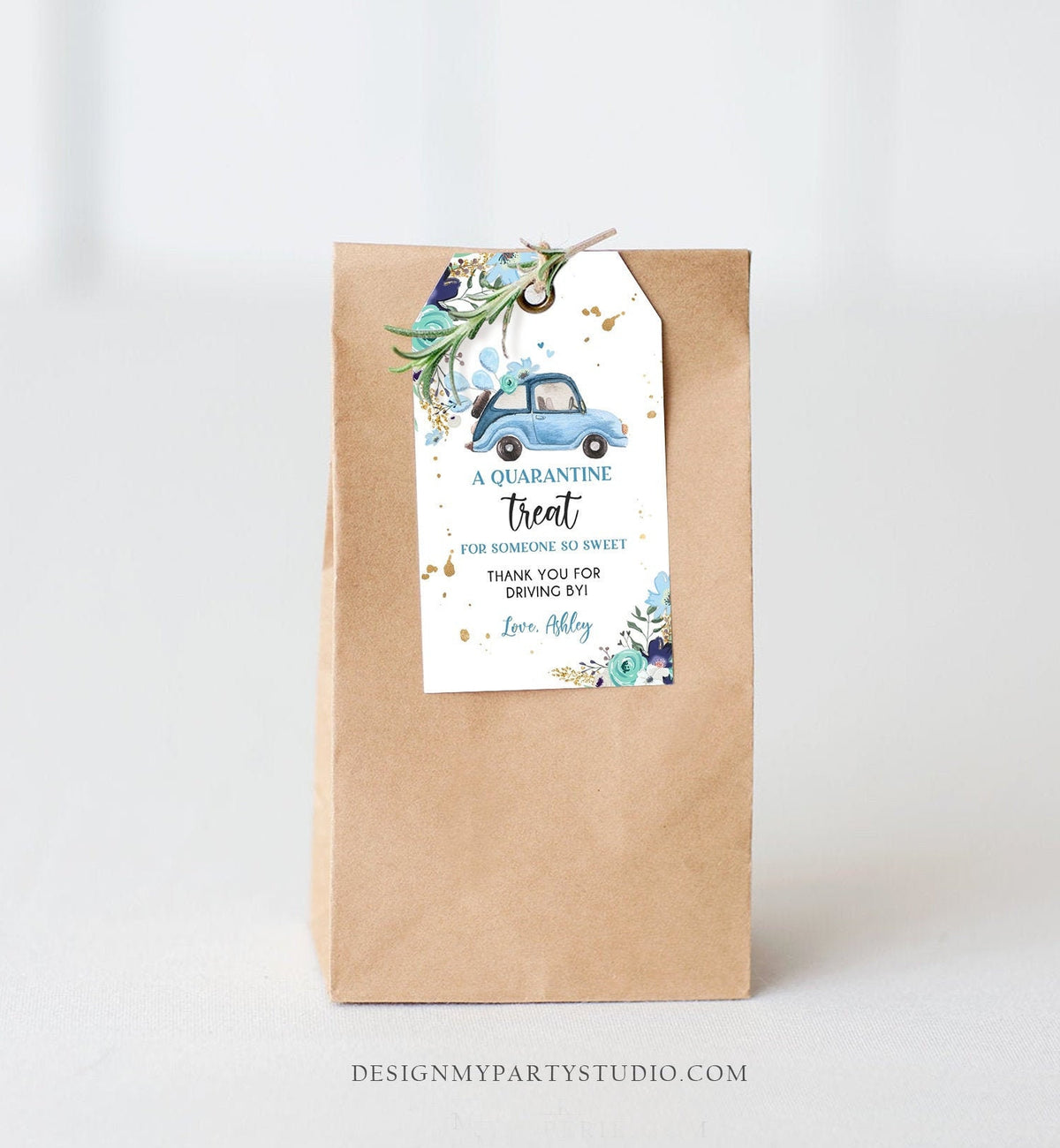 Editable Drive By Favor Tag Drive Through Baby Shower Bridal Shower Birthday Thank You Gift Tags Quarantine Blue Floral Boy Corjl 0335